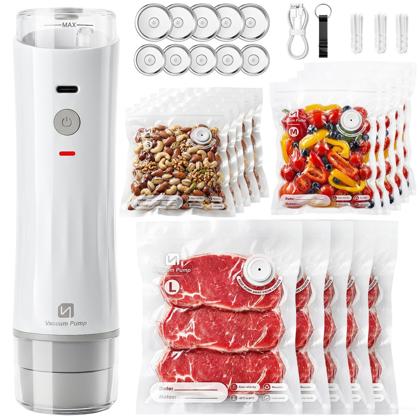 ShinePick Vacuum Sealer for Food, Powerful Handheld Food Saver Machine Compact Vacuum Sealer Machine with Visible Water Tank, 15 Reusable Sealer Bags & 10 Mason Lids, for Kitchen, Travel & Outdoor