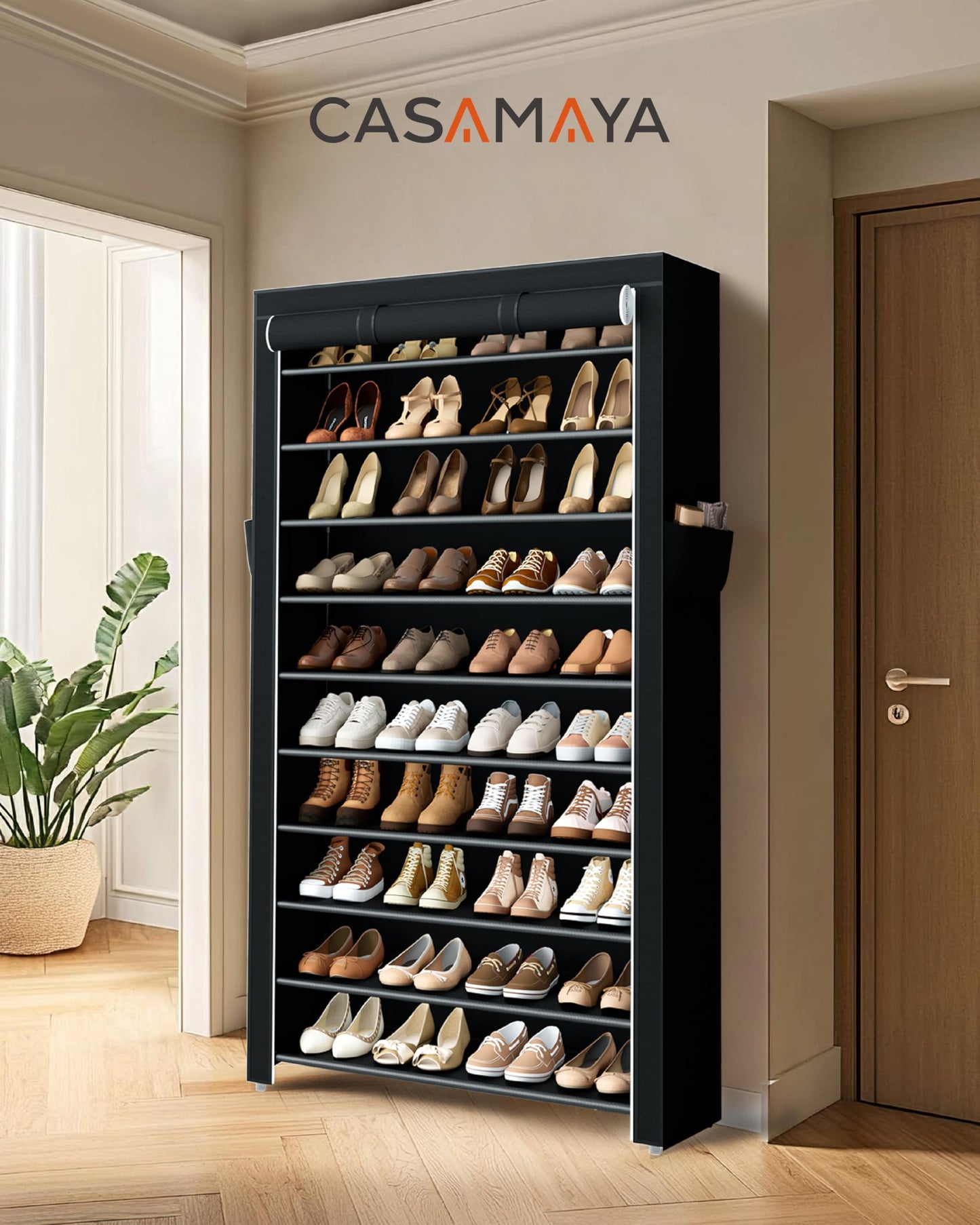 CASAMAYA Shoe Rack with Covers, 10 Tiers Tall Shoe Rack Organizer, Large Capacity Shoe Shelf Storage, Hold 40 Pairs of Shoes, Vertical Shoe Storage Organizer for Closet, Entryway, Black, SRT104B01