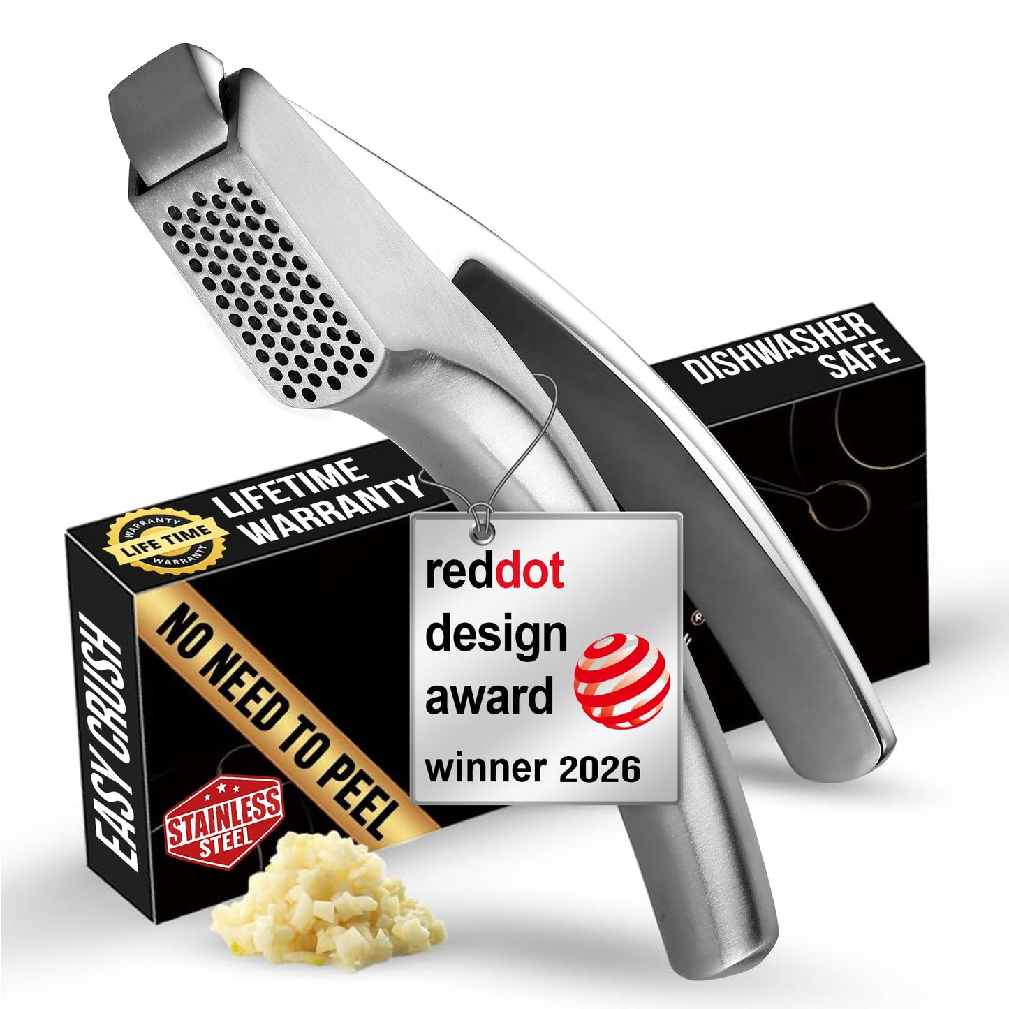 Lifetime Replacement Garlic Press Stainless Steel No Need to Peel, Detachable Handle for Fine Mincing-Premium Garlic Mincer Tool, Rust-Proof, Easy to Clean, Dishwasher Safe Garlic Crusher