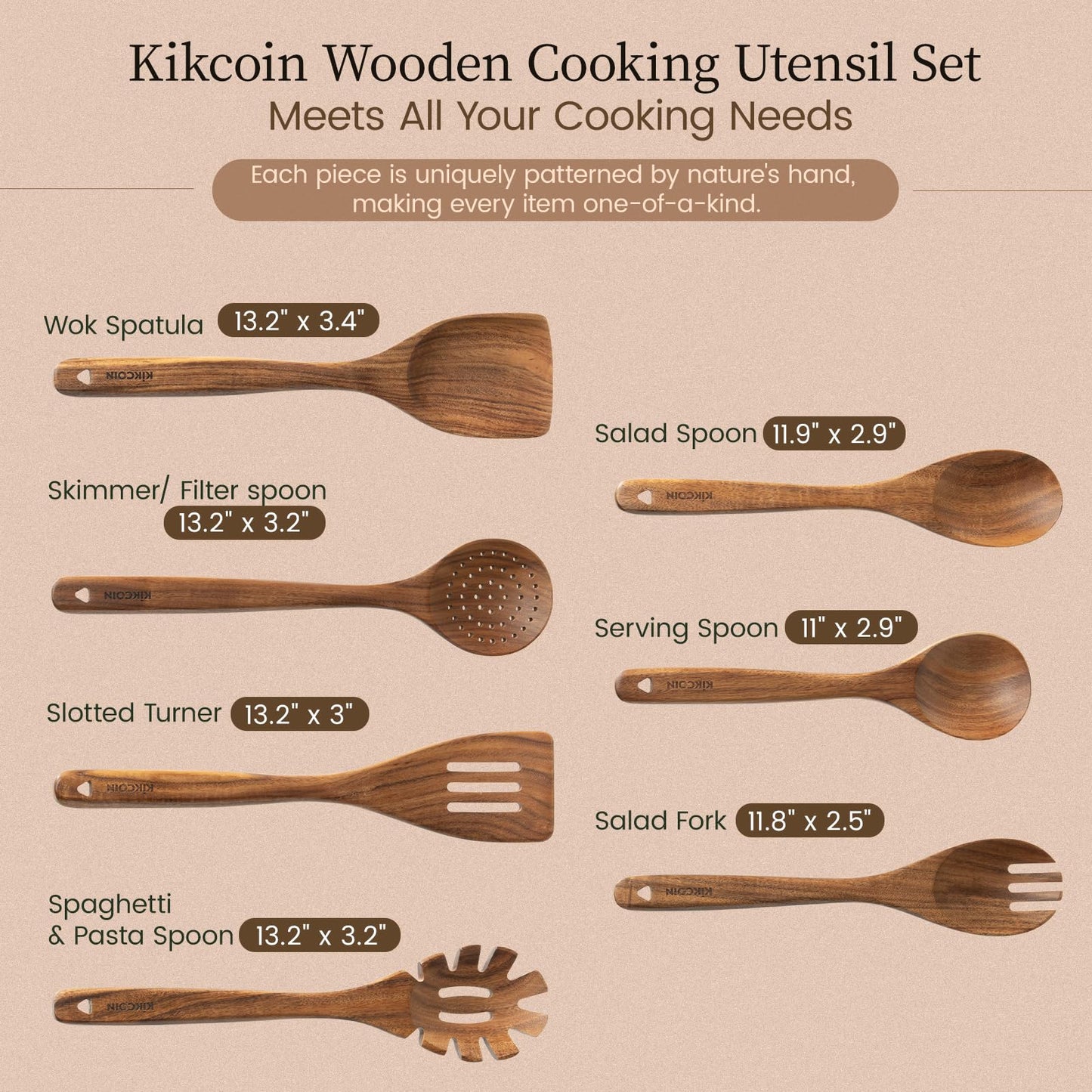 Kikcoin 7 PCS Durable Natural Teak Wooden Cooking Utensils Set, Non Toxic Wooden Spoons for Cooking, Wooden Utensil Set for Cooking with Comfort Grip, Nonstick & Easy to Clean Wood Kitchen Utensil Set