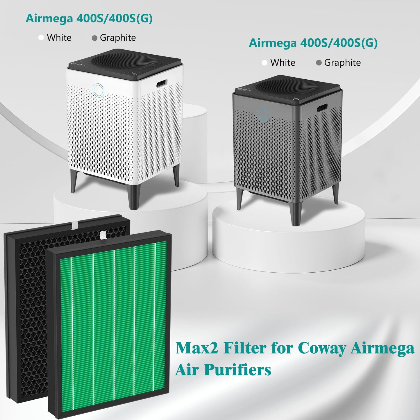 400/400S Replacement Filter Compatible with Coway AIRMEGA Max2 400 400S 400(G) 400S(G) Air Purifi-er, Max2 Green Main Filter and Activated Carbon Filter Set, AP-2015-FP, 2 Pcs 1 Set