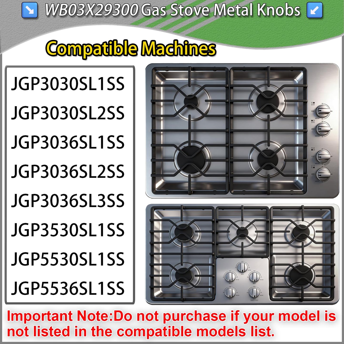 Upgraded Metal WB03X29300 Gas Stove Surface Burner Control Knobs,Compatible with GE Cooktop Knobs Replacements Models:JGP3030SL2SS, JGP3036SL1SS,JGP3530SL1SS,JGP5530SL1SS,JGP5536SL1SS Stainless Steel