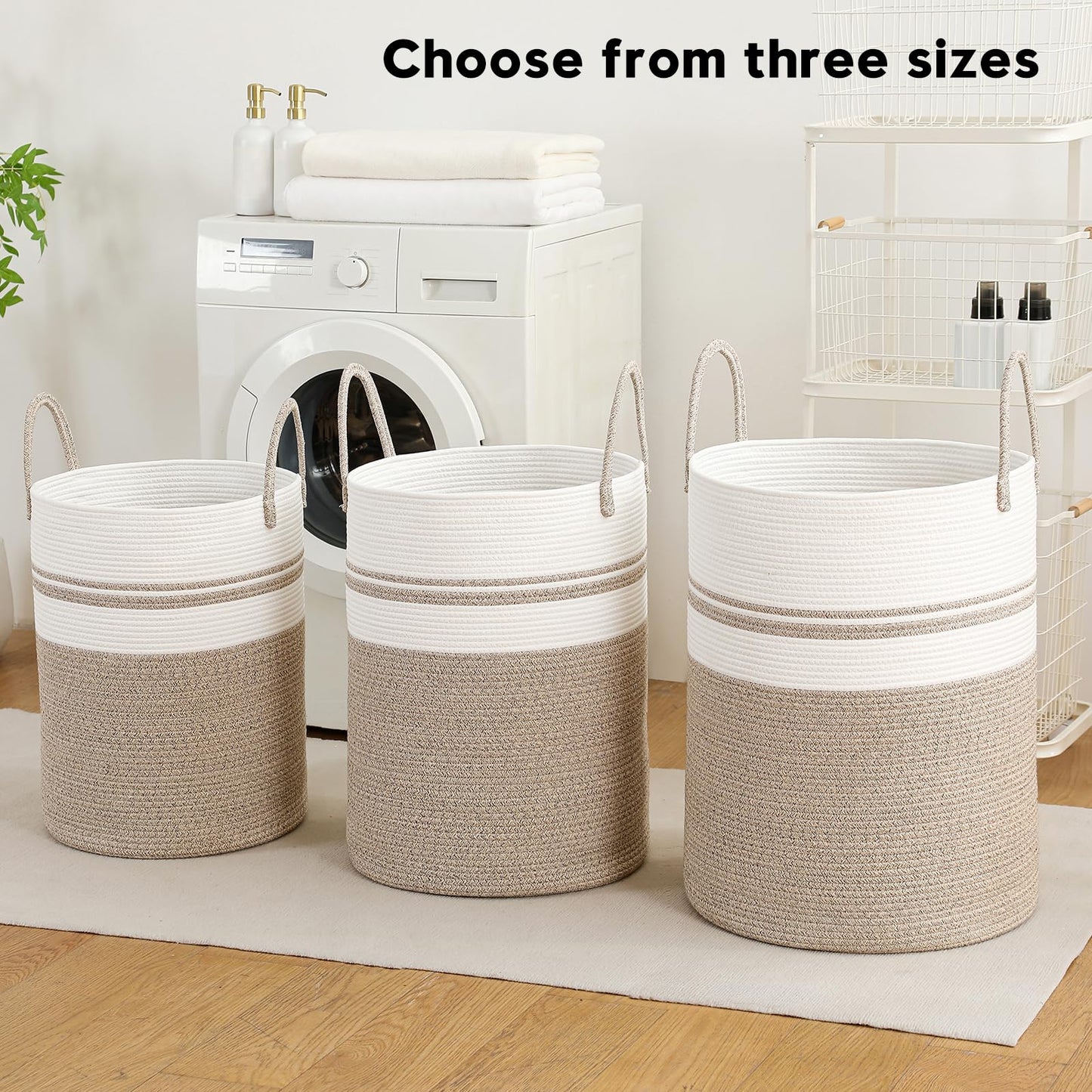Laundry Basket Hamper Tall Rope Storage Woven for Blanket toys Dirty Clothes in Living Room Bathroom Bedroom (Brown&White, 80L/21.3Gal)