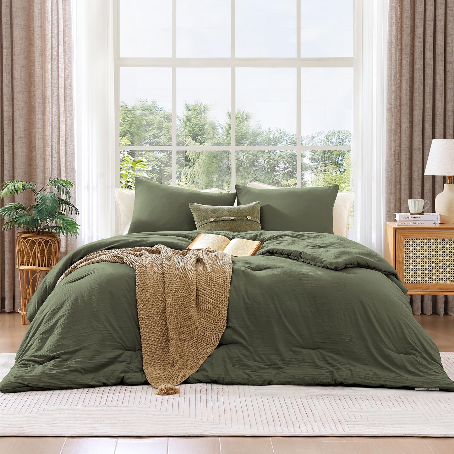 WRENSONGE Queen Comforter Set - 3 Pieces Prewashed Olive Green Comforter Soft Lightweight for All Seasons,Down Alternative Comforters Queen Size with 2 Pillow Shams