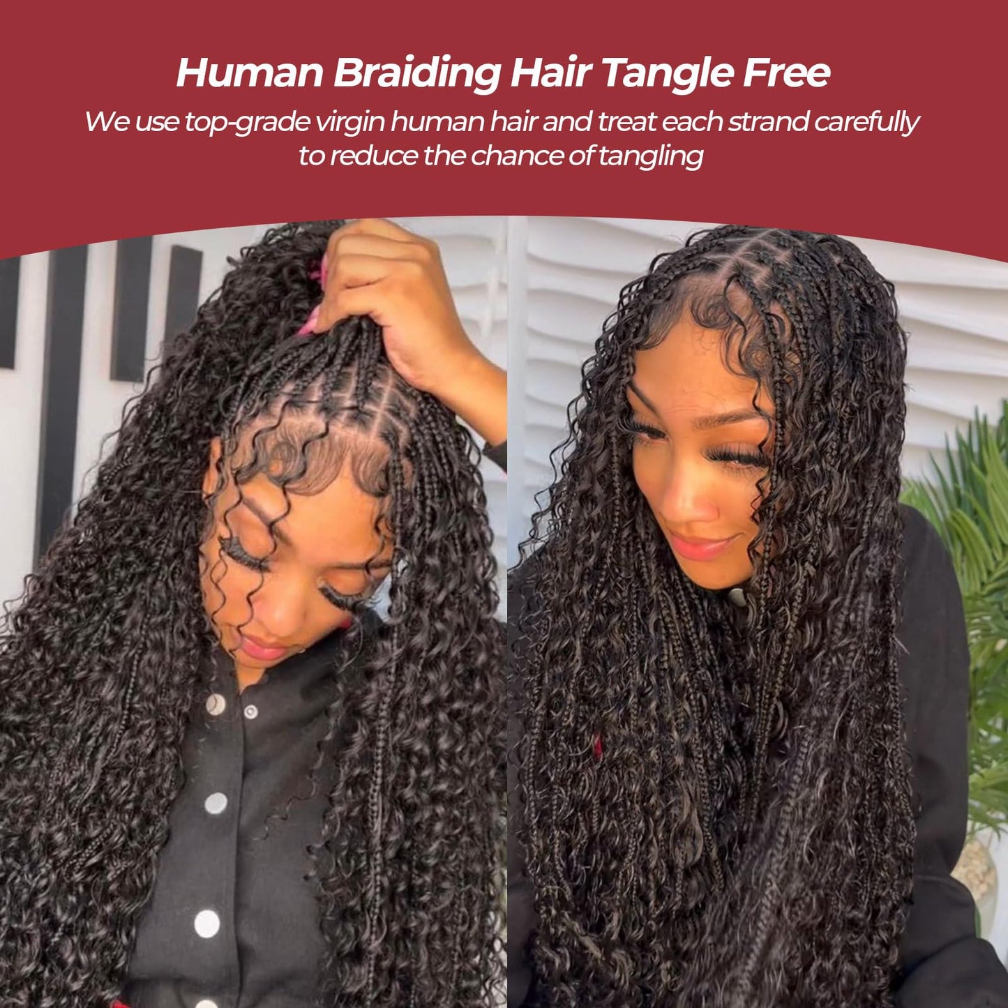 100 Percent Human Braiding Hair for Boho Braids - 24 Inch Curly Human Hair, 2 Bundles, 100g, Deep Wave, Knotless Braids (1B, 24inch)