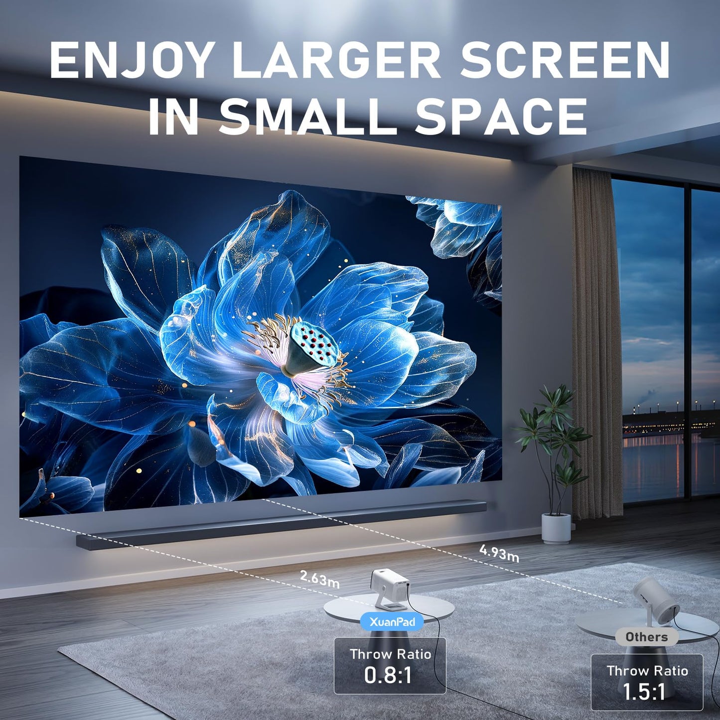 【Ivory Projector & Built-in Apps】 XuanPad Mini Projector with Wi-Fi and Bluetooth, Full HD 1080P Smart Portable Projector with 210° Stand, Auto Vertical Keystone, Compatible with HDMI/USB/TV Stick