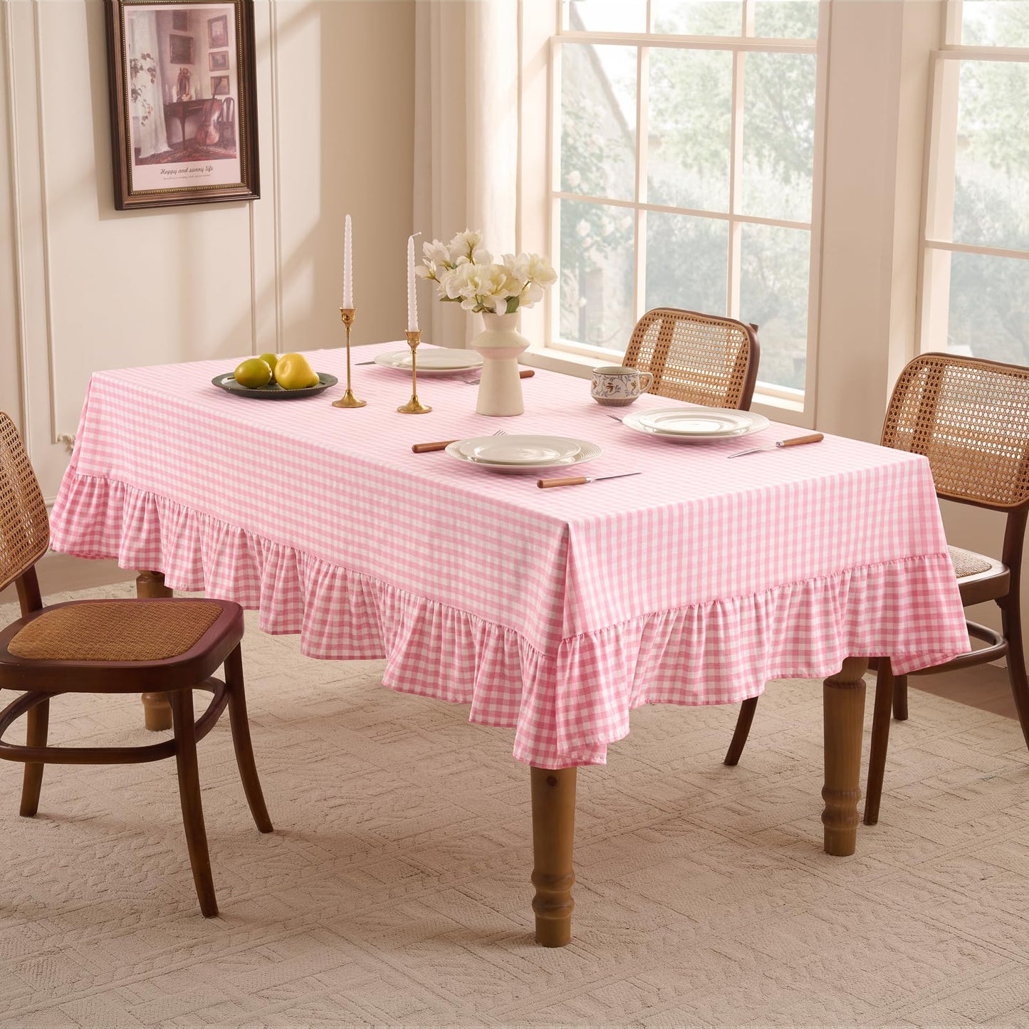 Romanstile Gingham Ruffled Tablecloth Rectangle - Waterproof Linen Cotton Checkered Table Cloth, Outdoor Plaid Table Cover for Picnic, Camping, Party - 60 x 84 Inch, Pink