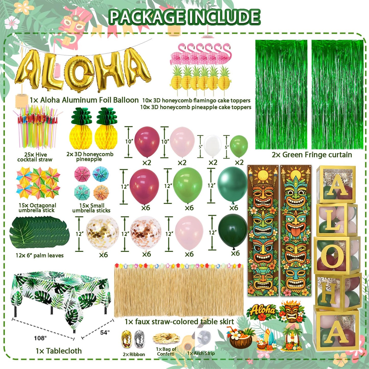 169 PCS Luau Party Decorations, Hawaiian Party Supplies - "ALOHA" Balloons, Hawaiian Boxes, Balloon Arch Garland Kit, Fringe Curtains, Palm Leaf, Table Cloth and Skirt