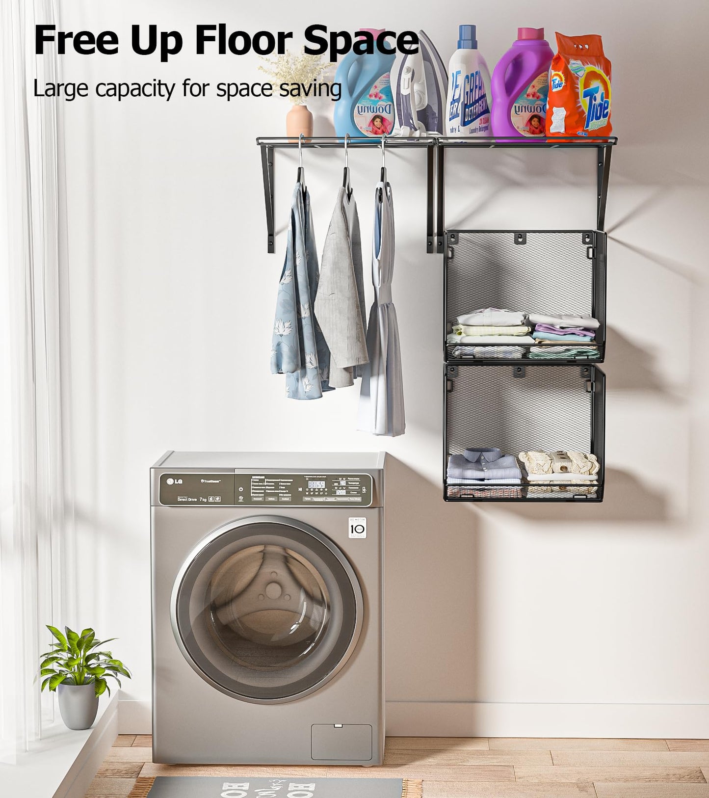 BigPonPon 2 Pack Laundry Room Shelves Organization and Storage,Wall Mounted Clothes Drying Rack with Wire Mesh Basket Over Washer and Dryer, (Black, 2 Pack)