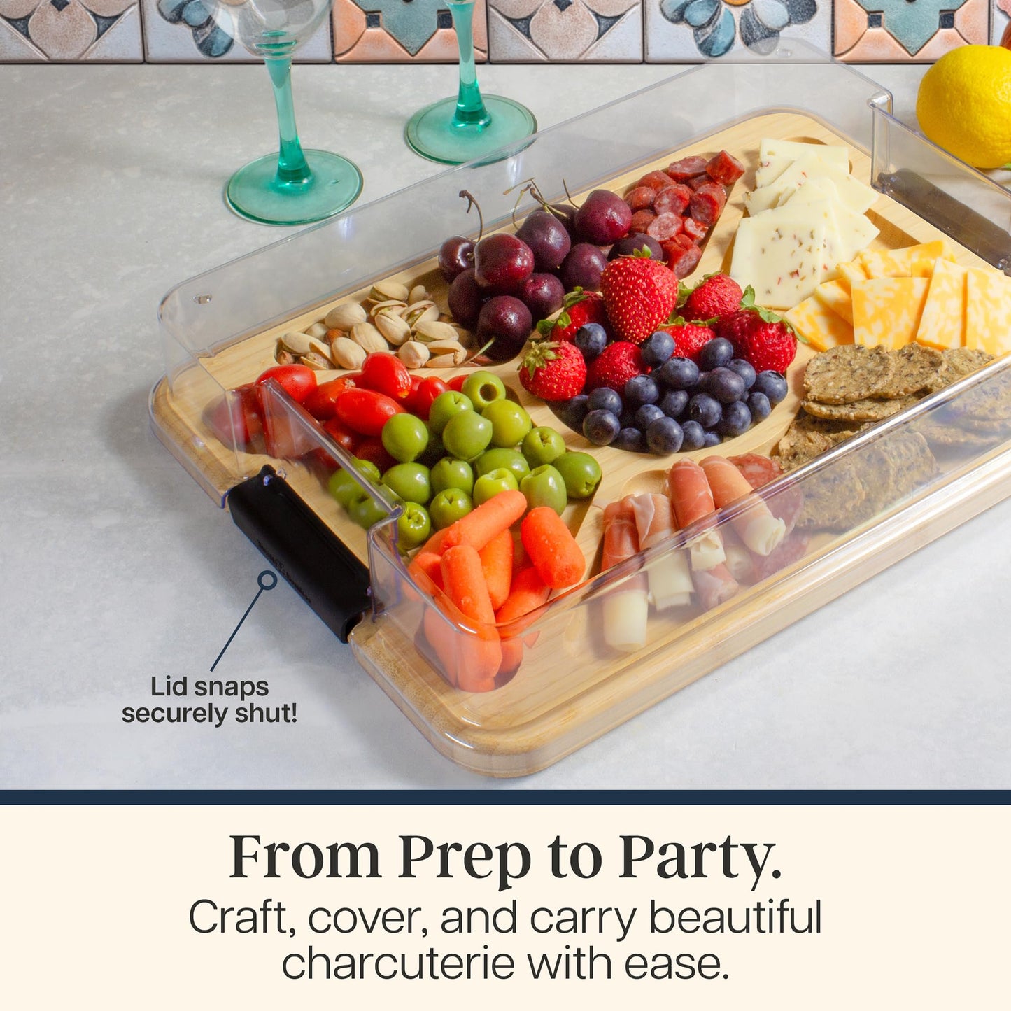Totally Bamboo Flip, Serve & Store Charcuterie Board with Lid, Reversible Bamboo Cutting Board and Portable Cheese Tray with Compartments, Locking Travel Cover, 15.5 x 11.5 Inches