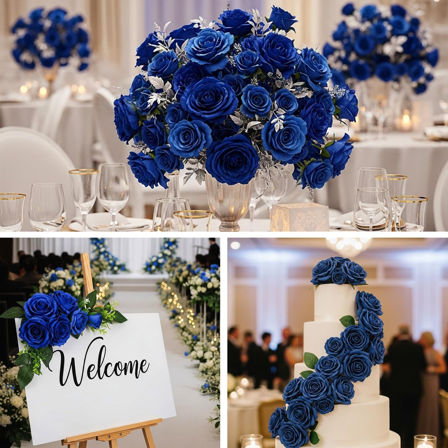 Auihiay 60PCS Fake Blue Roses, Artificial Blue Flowers, Silk Faux Rose with Long Stems for Wedding Centerpieces, Cake, DIY Floral Arrangement, Home Decor, Anniversary, Father's Day Decorations