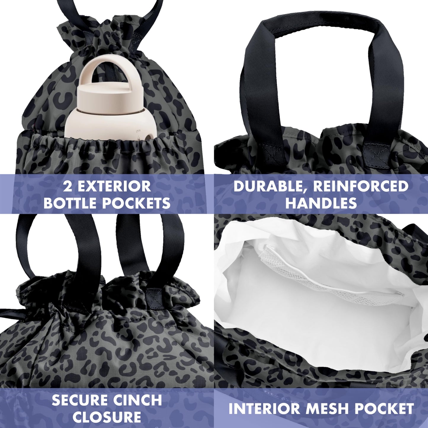 Fit & Fresh Cromwell Drawstring Lunch Bag for Women, Complete Lunch Set with 2 Containers, Stain-Resistant, Leak-Resistant, Back to School Essential, Teacher Lunchbox, Black Cheetah