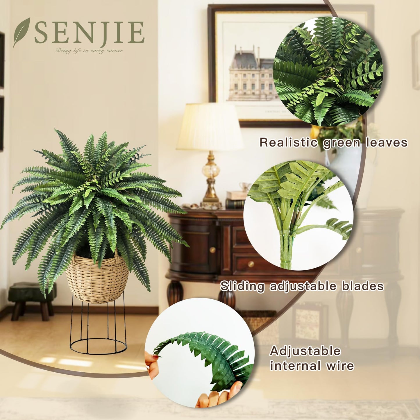 Senjie Artificial Boston Fern 2 Set 48Inch Large Fake Ferns for Outdoors Faux Plant with 55 Fronds for Home Living Room Office Decor