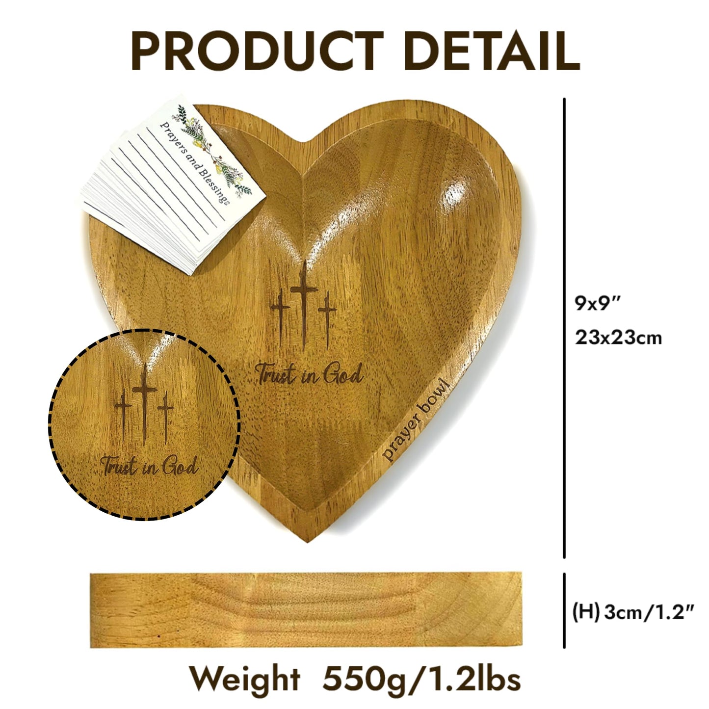 Prayer Bowl Wooden Trust In God - Christian Gifts for Mothers day, Wedding, Confirmation, Housewarming - Hostess Gift Ideas - Easter Prayer Room Decor - Heart Decorative Bowl 9" with 52 Scripture Card