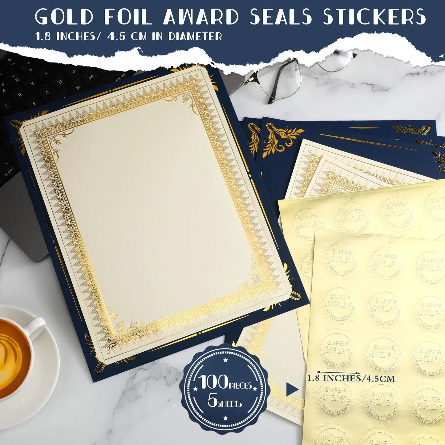Fainne 100 Sets Certificate Paper Kit Single Sided Awards Holder with Foil Border for 8.5 X11 Certificate Covers Award Seals Stickers Diploma Covers(Navy Blue)