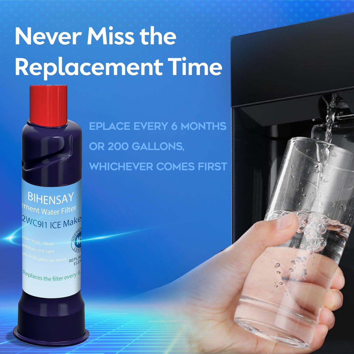 BIHENSAY 3-Pack Replacement Water Filter Exact Fit for ICE2 F2WC9I1 ICE Maker, Used in 50 Ib Ice Maker Machines, Lasts 6 months or 200 gallons