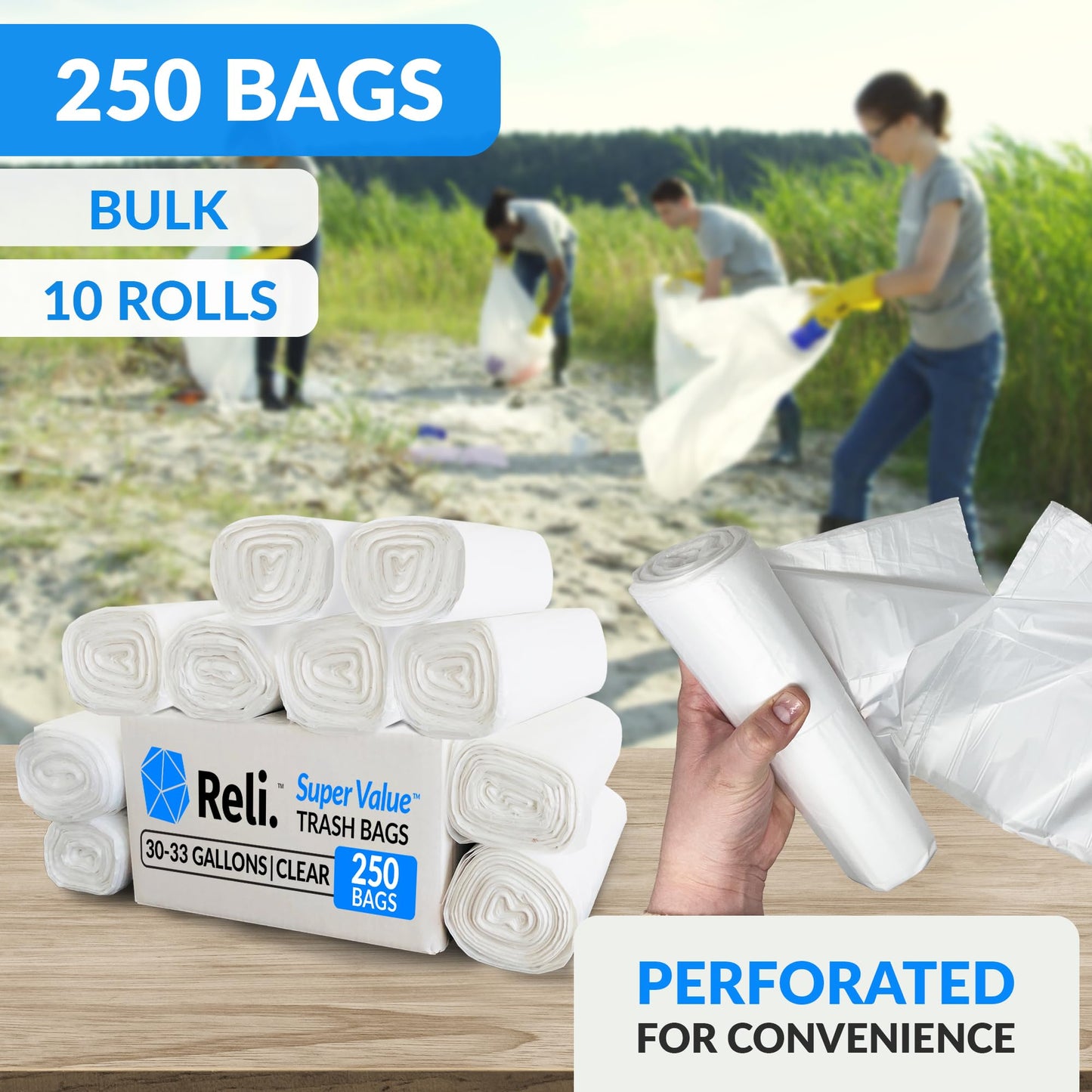Reli. 30-33 Gallon Trash Bags Heavy Duty | 250 Count Bulk | Clear Large Trash Bags 30+, 32 Gallon | Made in USA