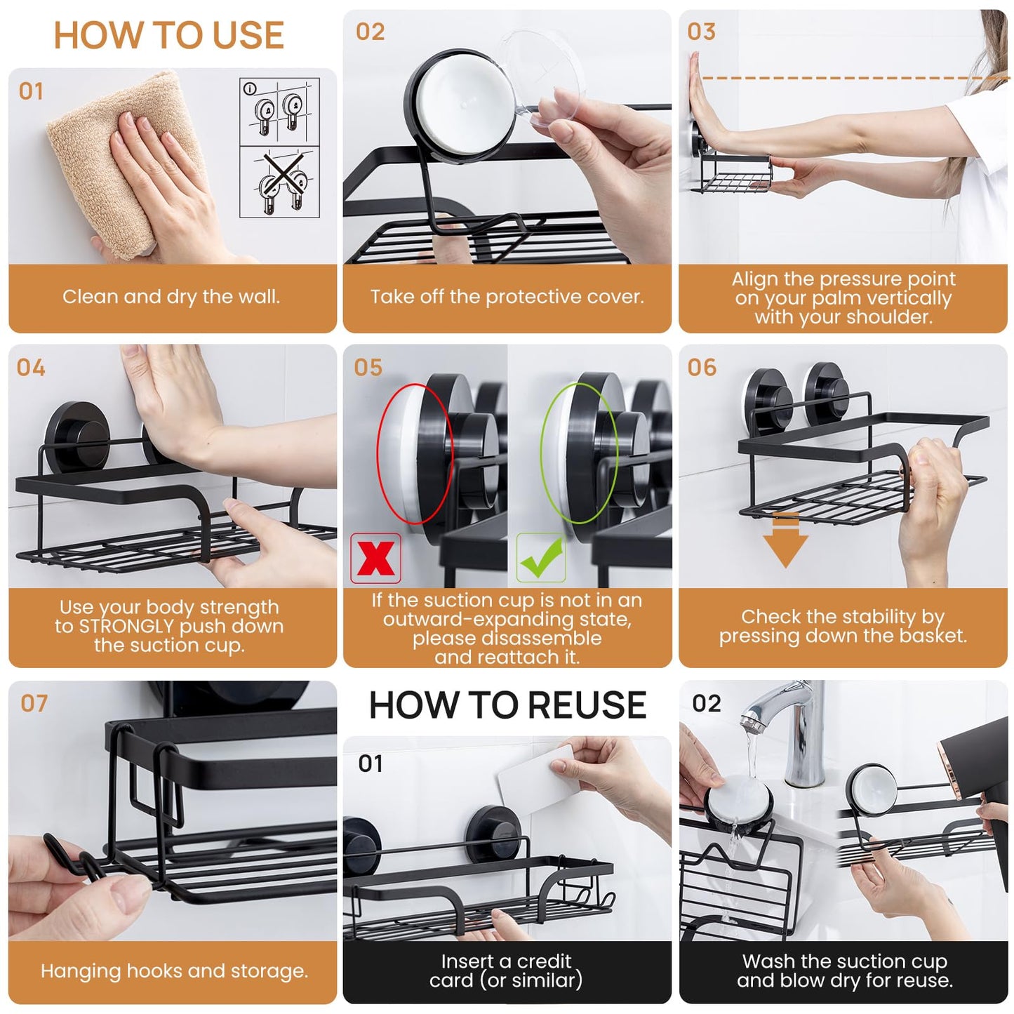 LEVERLOC Shower Caddy Suction Cup, 2 Pack Shower Shelves for Inside, Black Rustproof Metal Bathroom Storage NO-Drilling Bathroom Organizer with Large Capacity, Heavy Duty Storage Basket