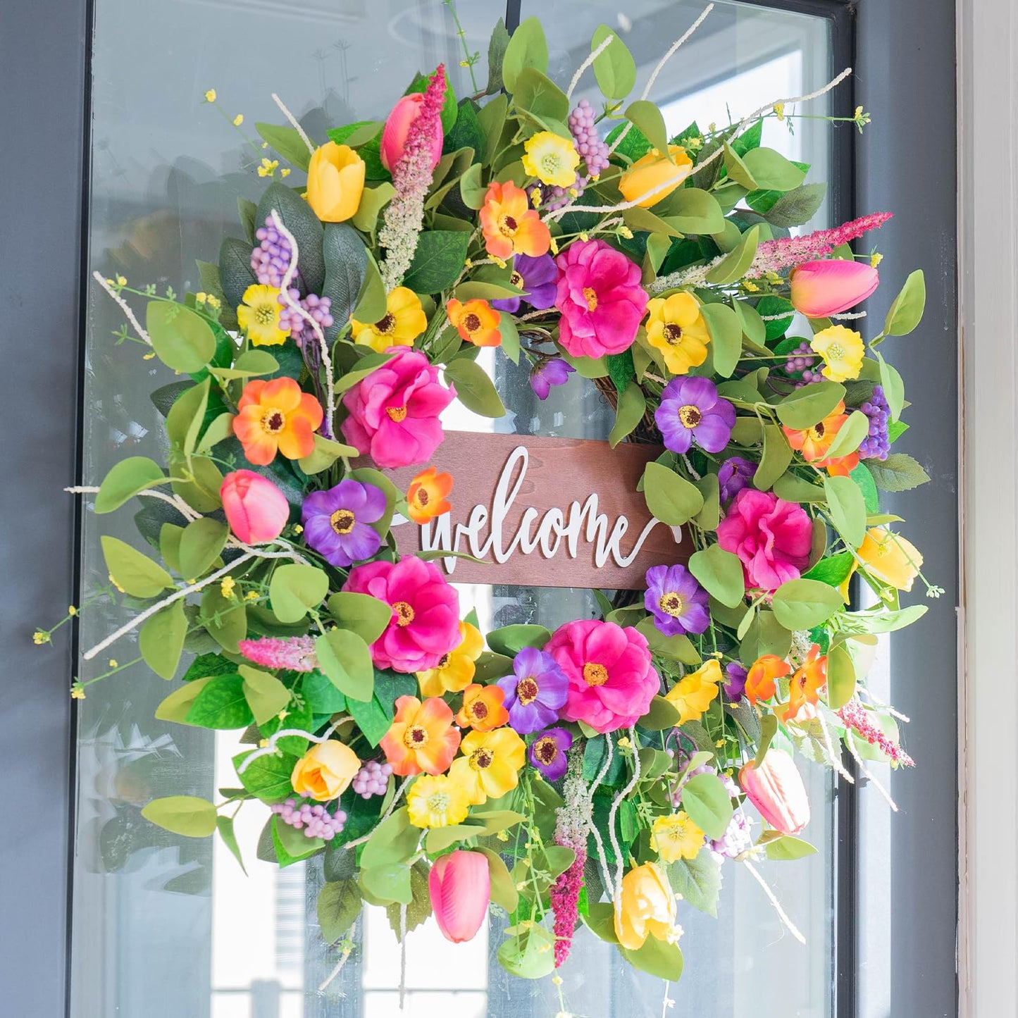 Pinkpuii Spring Wreaths for Front Door Outside – 24 Inch Artificial Tulip & Wildflower Summer Wreath with Green Eucalyptus Leaves and Welcome Sign- Indoor Outdoor Farmhouse Home Porch Wall Decor