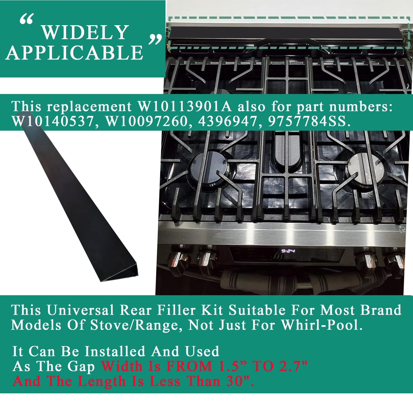 30" Slide In Range or Stove Rear Filler Trim Kit, Universal Fill Strip for Gap Between Slide-In Stove Range and Wall, W10113901A Compatible with Whirlpool and Most Brand, Durable Aluminum, Black