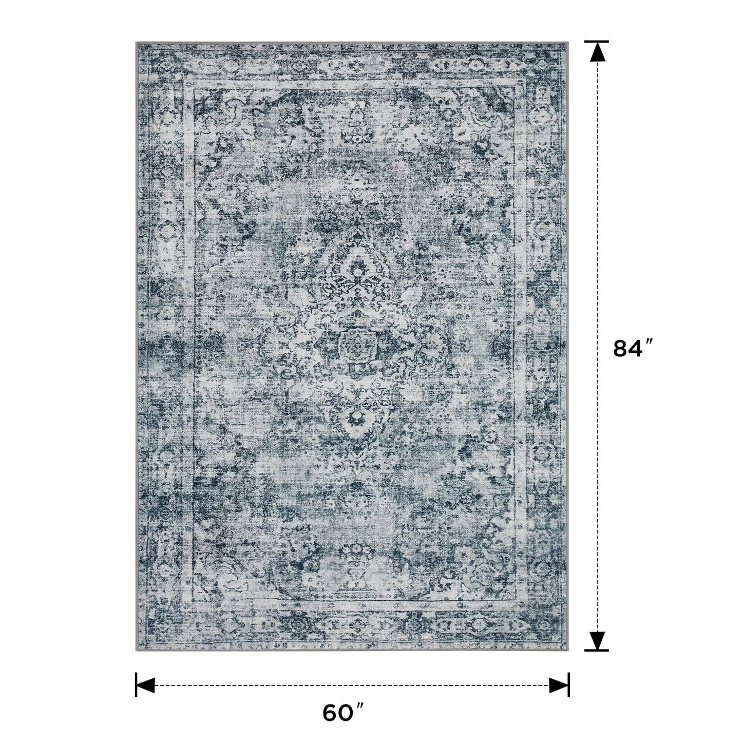 Joydeco 5x7 Area Rugs for Living Room, Machine Washable Vintage Area Rugs, Low Pile Non Slip Carpet, Lightweight Chenille Print Rug for Bedroom, Dining Room, Home Office, Light Grey