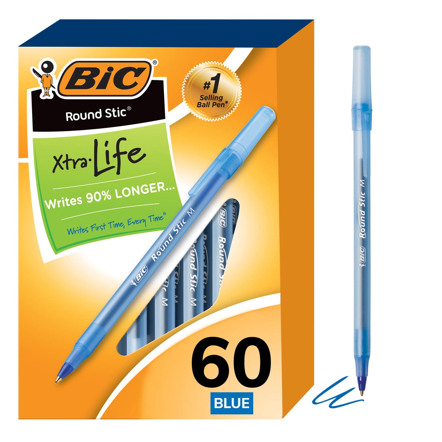 BIC Round Stic Xtra Life Ballpoint Pen, Medium Point (1.0mm), Blue, Flexible Round Barrel For Writing Comfort (Pack of 9, 540 Count Total)