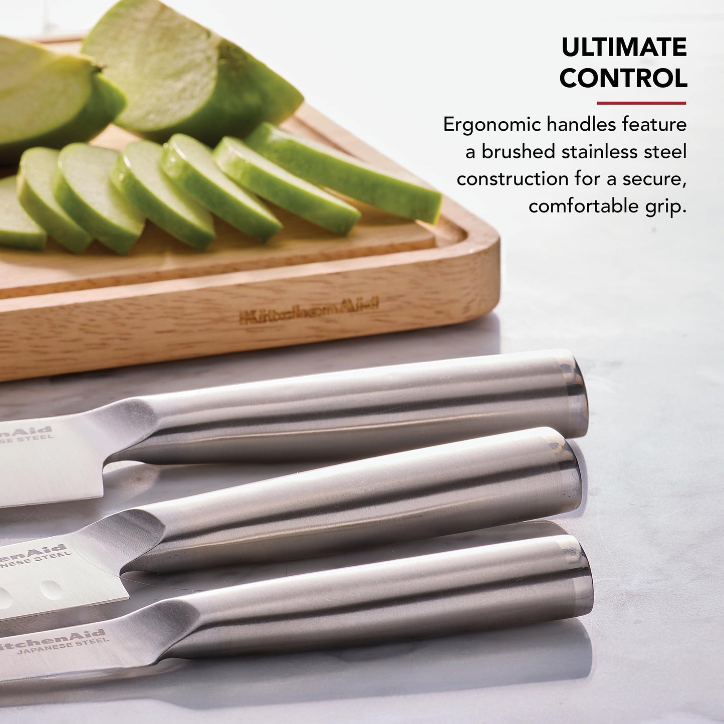 KitchenAid 3 Piece Forged Chef Knife Set Japanese Steel, Includes 8 Inch Chef Knife, 5 Inch Santoku Knife, and 3.5 Inch Paring Knife with Blade Covers