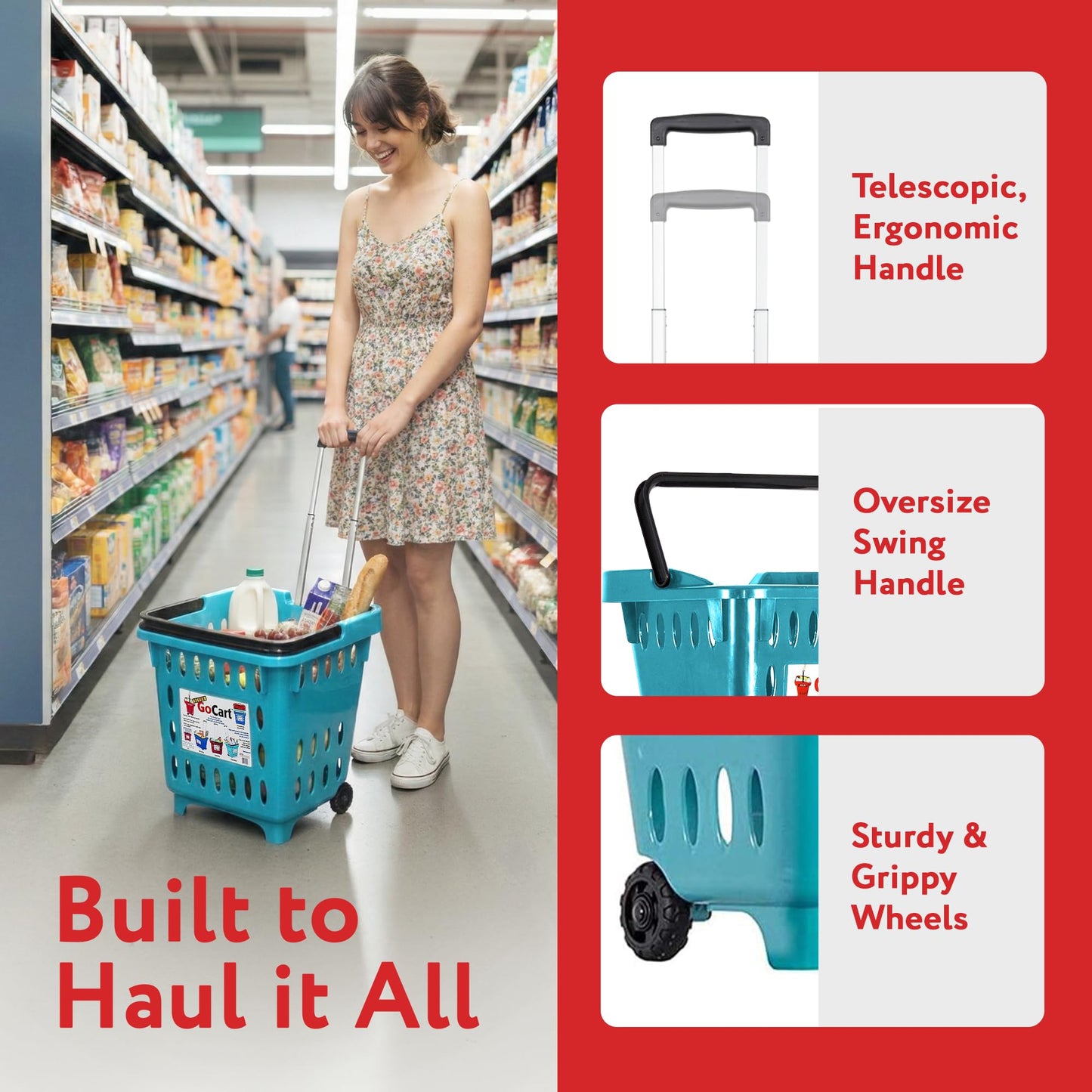 dbest products GoCart,Teal Grocery Cart Shopping Laundry Basket on Wheels