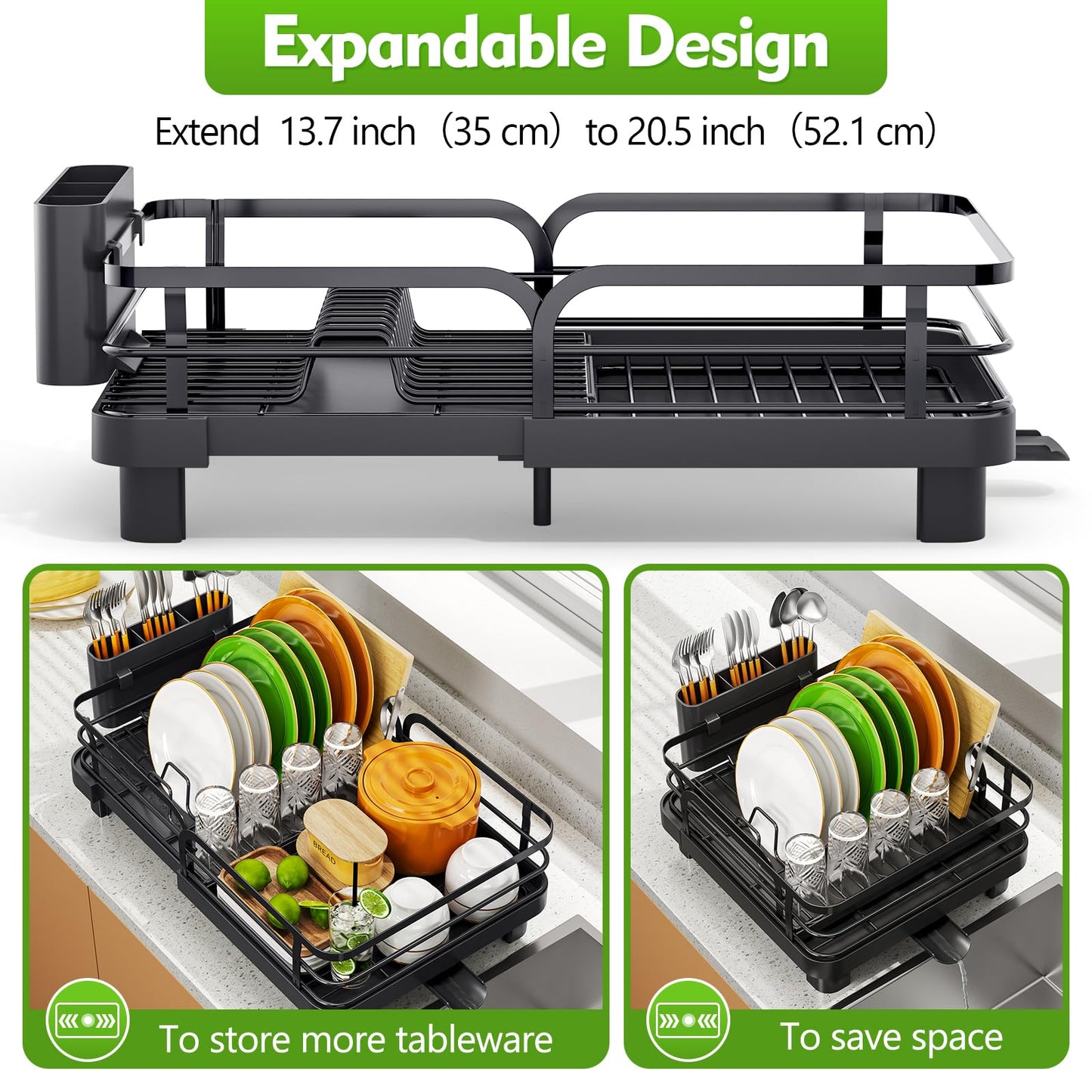 TOOLF Expandable Dish Rack, Dish Drying Rack for Kitchen Counter, Foldable Dish Dryer Rack, Stainless Steel Dish Drainer Racks with Cutlery Holder, Collapsible Dish Drying Racks Standard Size,Black