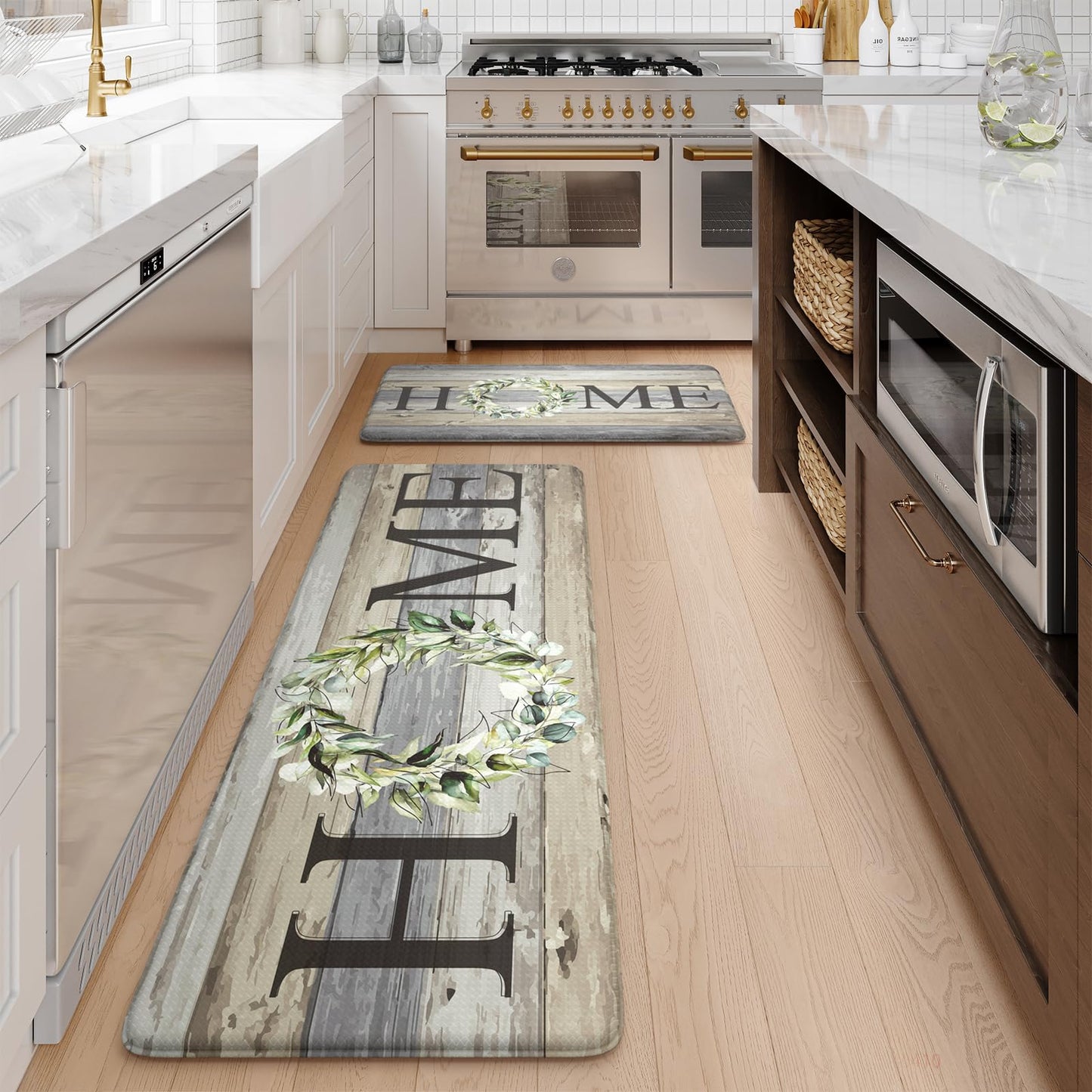 KIMODE Kitchen Mats for Floor 17"x47"+17"x29", Farmhouse Kitchen Rugs Sets of 2, Anti Fatigue Mats for Kitchen Floor, Cushioned Comfort Kitchen Floor Mats for Sink, Laundry, Desk Grey