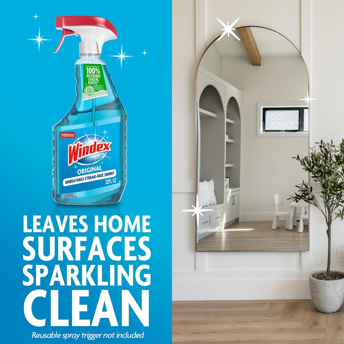 Windex Refill Original Blue Glass and Window Cleaner Bottles + 1 Reusable Spray Trigger, Surface Cleaning Spray, Original Blue Scent, 32 Fl Oz (Pack of 3)