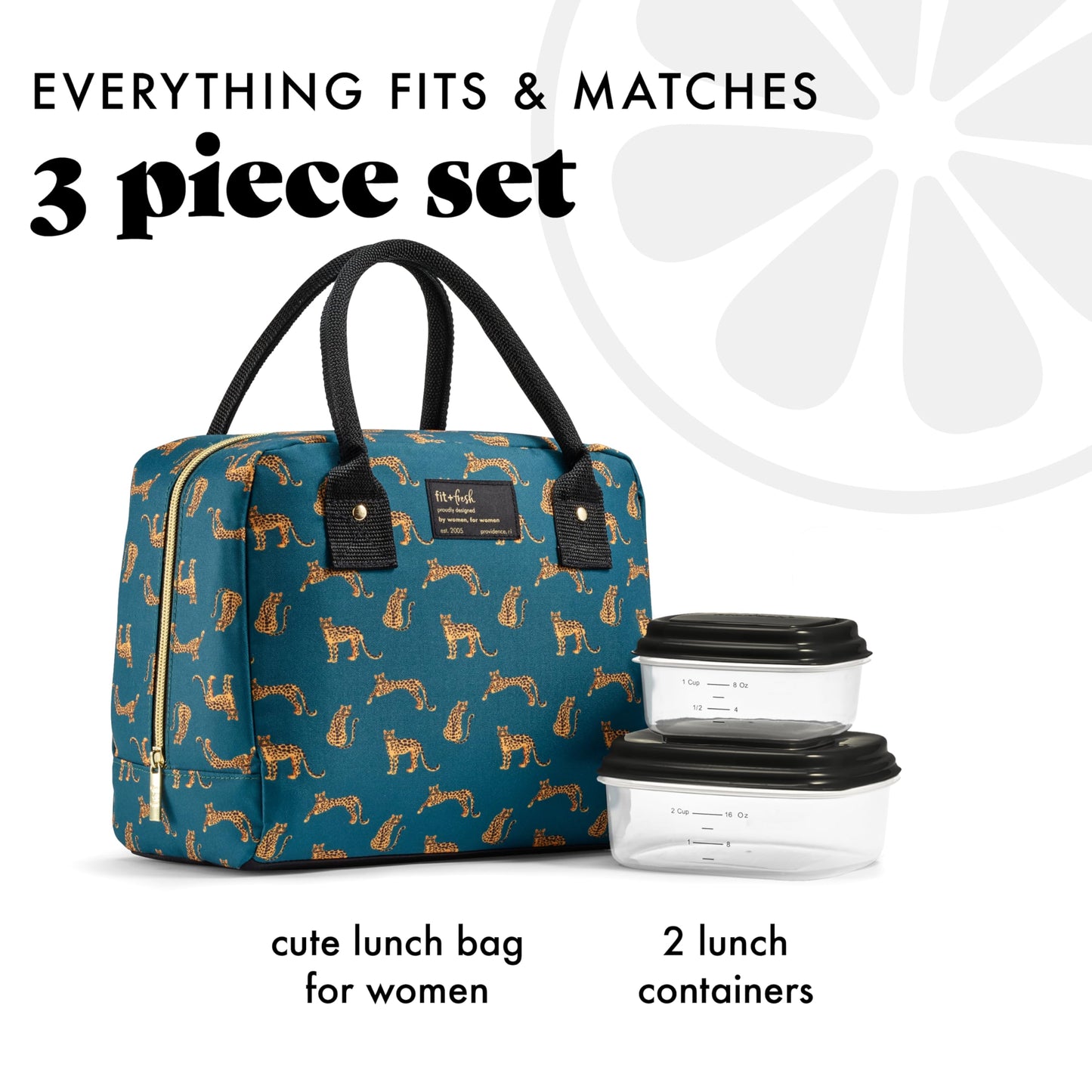Fit & Fresh Bloomington Lunch Bag for Women - Insulated Large Lunch Box for Work with Containers, Leak-Resistant, Stain-Resistant, Zipper Closure, Teal Cheetah