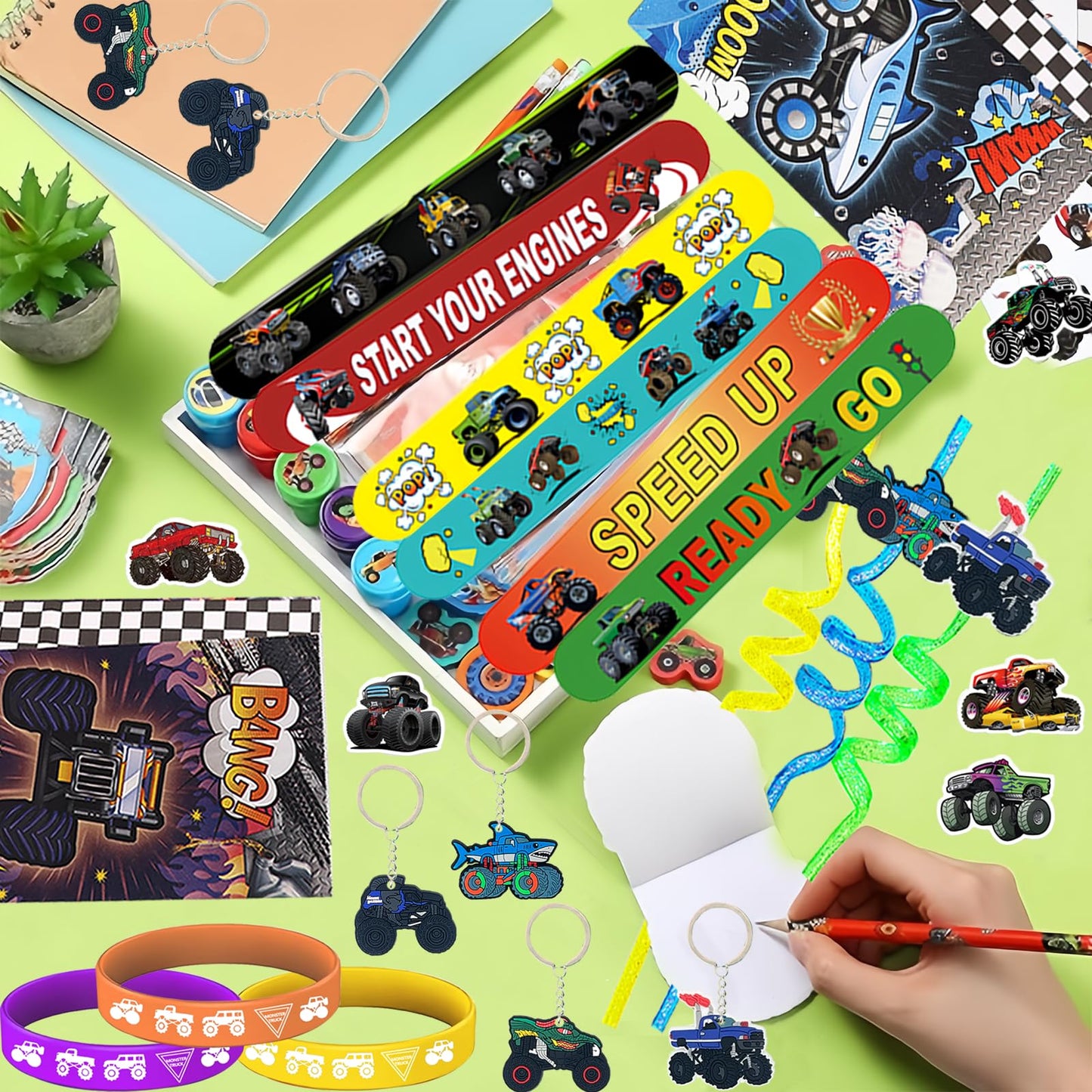122PCS Monster Truck Party Favors Set, Jam Birthday Decorations Including Theme Slap Bracelets, Keychains, Gift Bags, DIY Stickers, Drinking Straws, People Monster Truck Birthday Supplies
