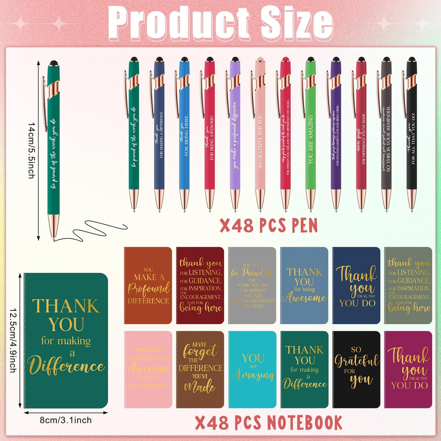96 Pcs Thank You Gifts Bulk Motivational Pens Inspirational Notepads Set, Mini Motivational Notebooks and Ballpoint Pens, Inspirational Appreciation Gifts for Employee Teacher Staff Volunteer Coworker