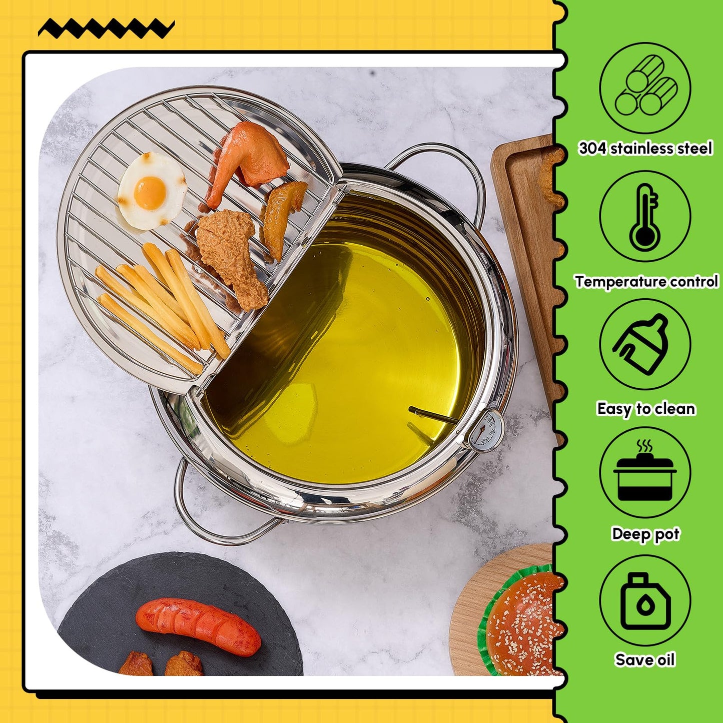 Reallnaive 4.4 Qt (4.2 L) Deep Fryer Pot 304 Stainless Steel Tempura Frying Pot with Lid and Oil Drain Rack Japanese Deep Fryer Pan with Temperature Control for Kitchen French Fries, Chicken