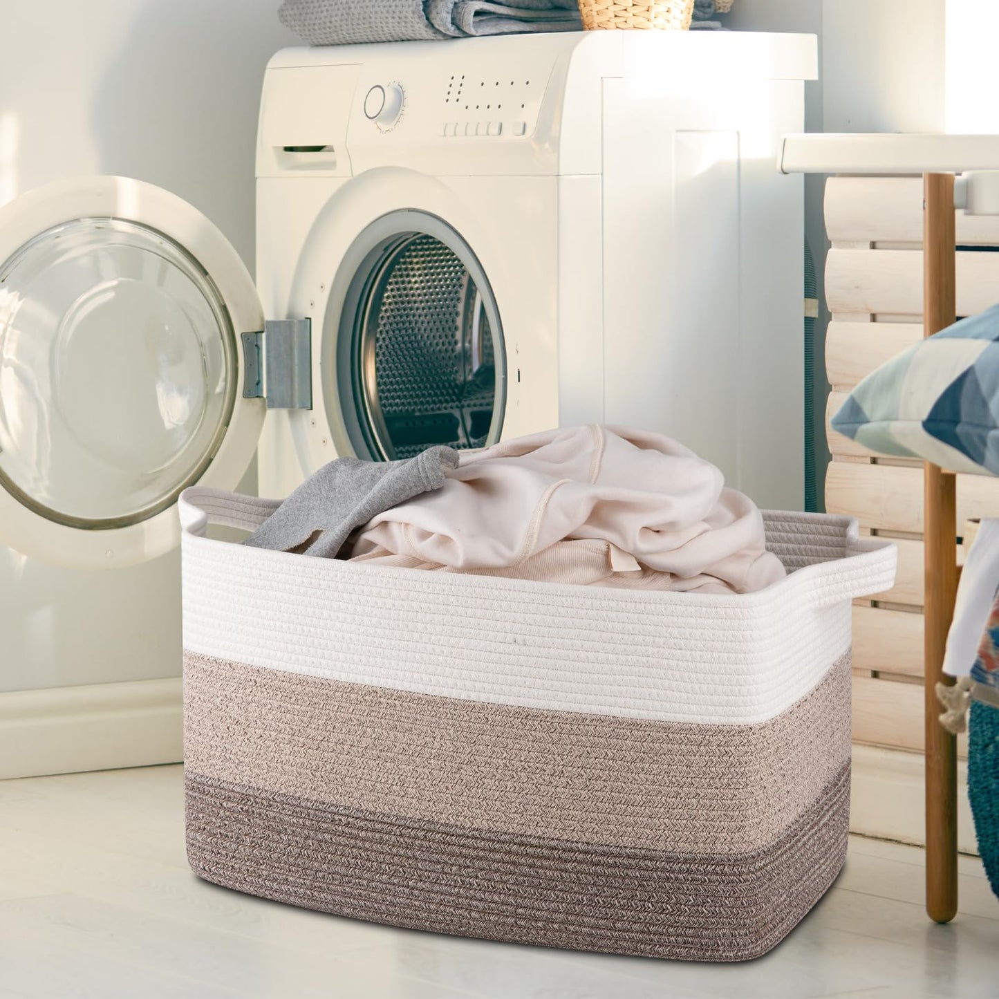 OIAHOMY Extra Large Blanket Basket, 110L Cotton Rope Woven Laundry Basket, Toy Bin for Baby Room, Container for Blanket Storage in Living Room, 24.8''×17.3''×15.8'', Gradient Brown