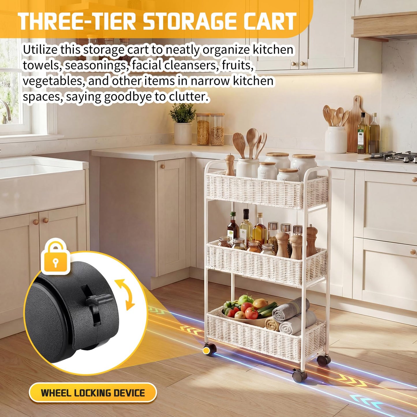 FOCHIER F Utility Slim Storage Cart,3-Tier Rolling Kitchen Office Laundry Room Cart,Mobile Shelving Unit Organizer for Living Room Bathroom Baby Diaper Narrow Places (White, UC-White-7.1inch)
