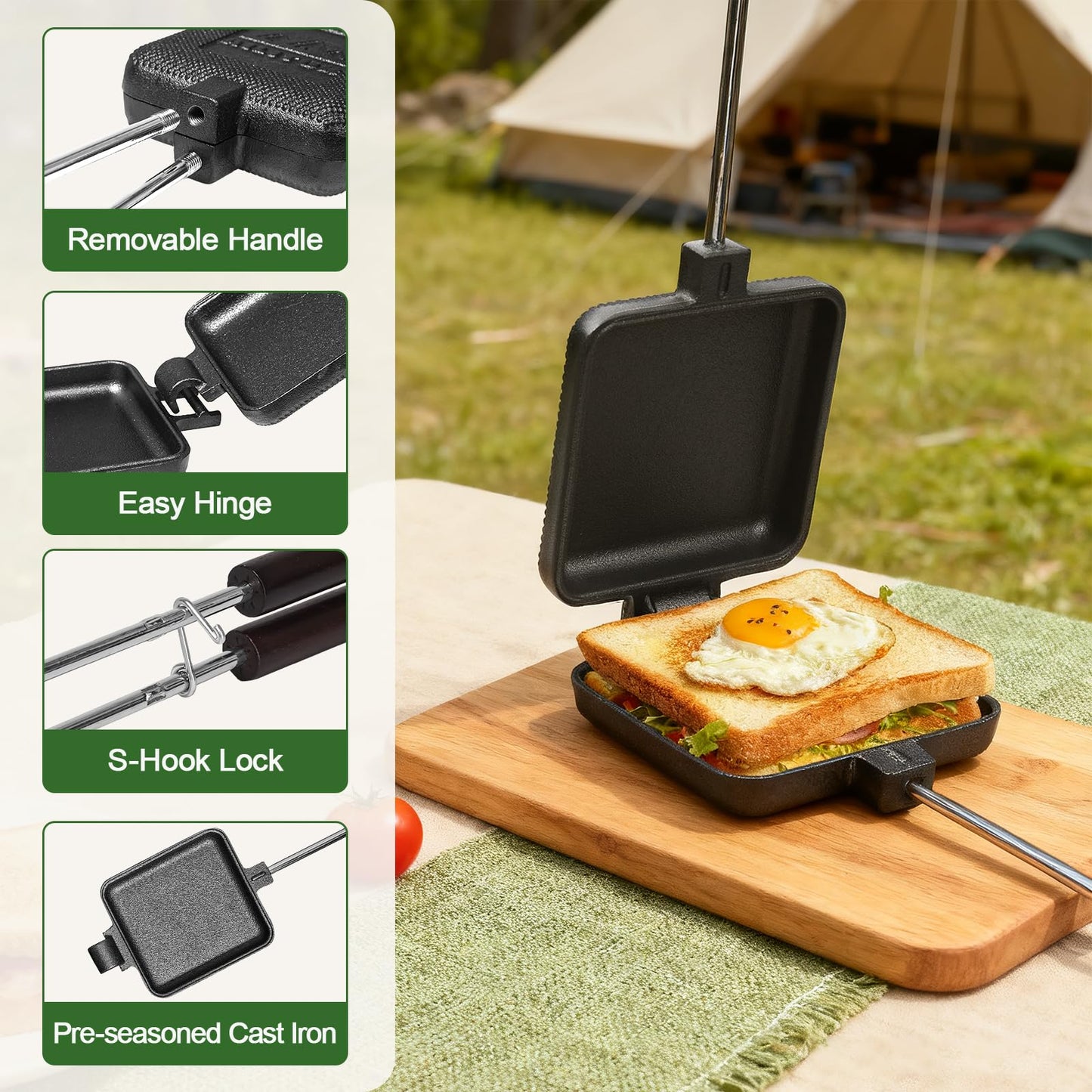 AILITOR Mountain Pie Maker Cast Iron Set of 2 - Pie Irons for Camping with Storage Bag, Campfire Sandwich Maker Cast Iron
