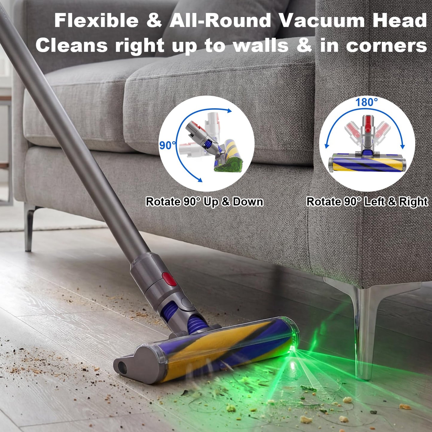 LED Fluffy Soft Roller Cleaner Head Replacement for Dy-son V7 V8 V11 Animal V15 Detect V10 Cyclone Vacuum, Upgrade Green Light Dust Detect Anti-Tangle Quick Release Brush Attachments Parts