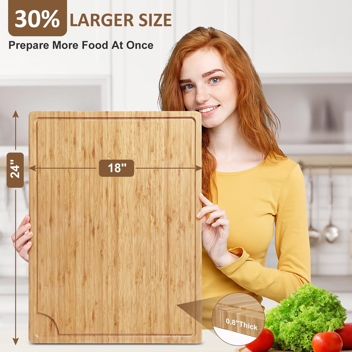 24" Large Bamboo Cutting Boards for Kitchen, Wood Stovetop Cover, Extra Large Wood Cutting Board with Deep Juice Groove and Handle, Heavy Duty Chopping board