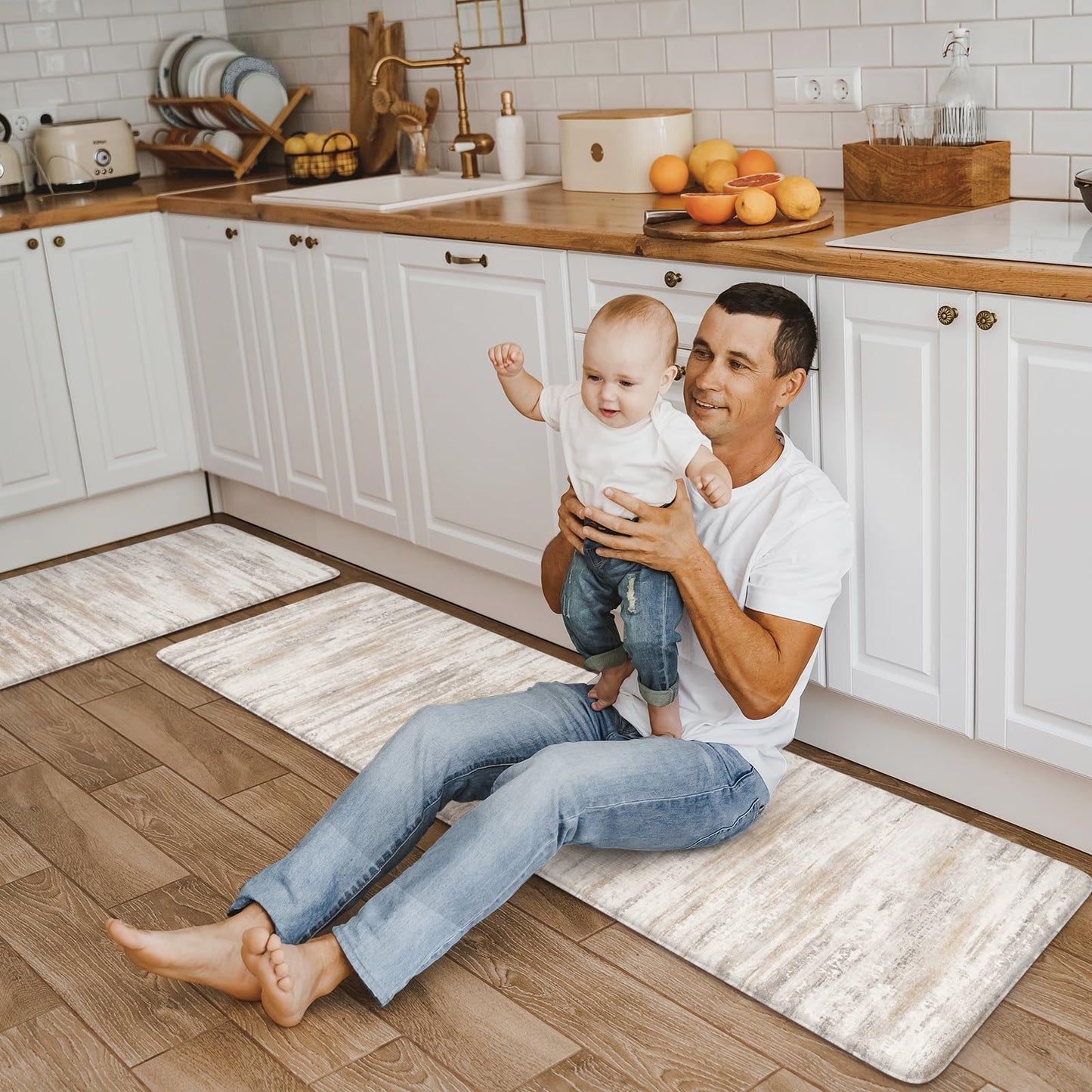 KIMODE Kitchen Mats Cushioned Anti Fatigue, Abstract Farmhouse Kitchen Rugs Sets of 2, Non Slip Kitchen Mats for Floor, Padded Kitchen Floor Mat for Sink Laundry Office Light Brown Multi
