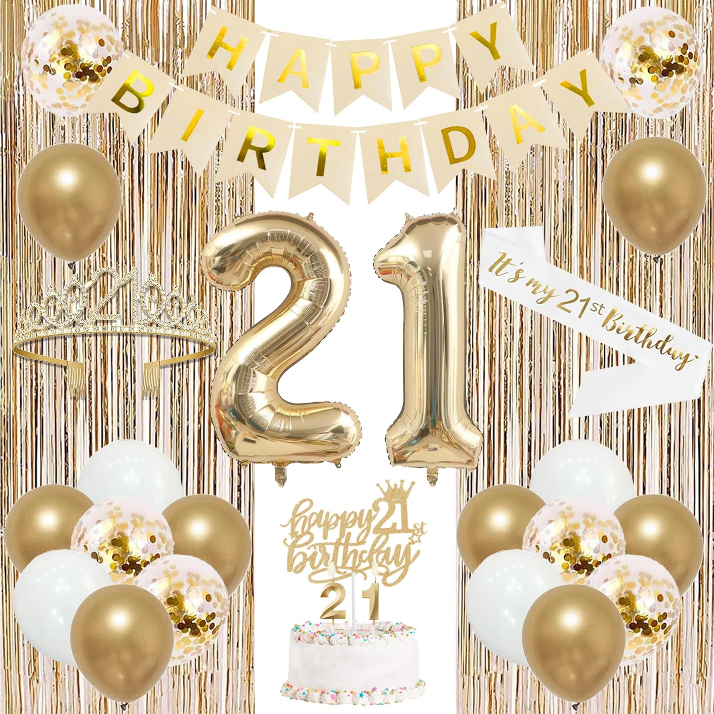 Trgowaul 21st Birthday Decorations for her, Champagne Gold Happy 21st Birthday Supplies for Girls, 21 Sash and Crown, Banner, Fringe Curtains, Cake Topper, 21 Year Old Party Supplies Set