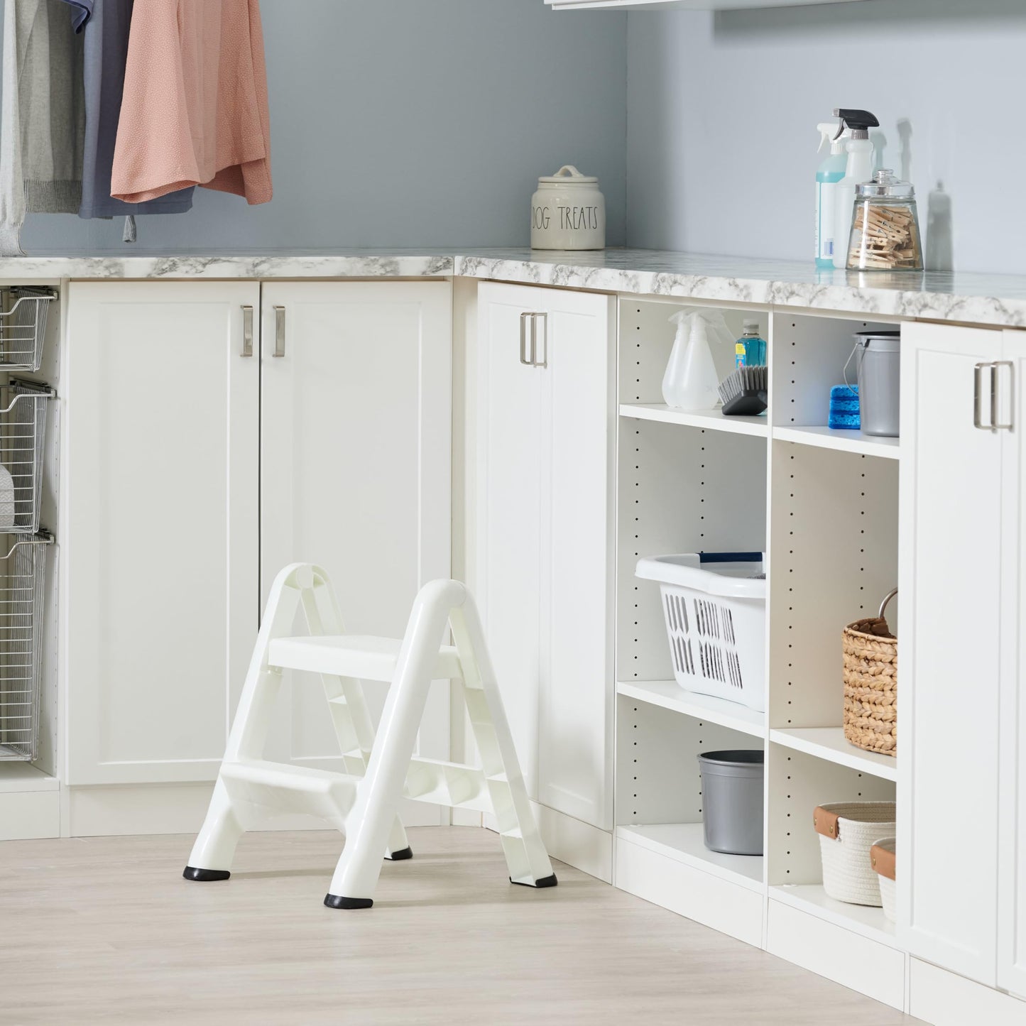 Rubbermaid Two-Step Folding Foot Stool 14-Inch High White 300 Pound Capacity Small Step Stool for Adults/Kids for Use in Library/Kitchen/Bathroom/Garage/Closet