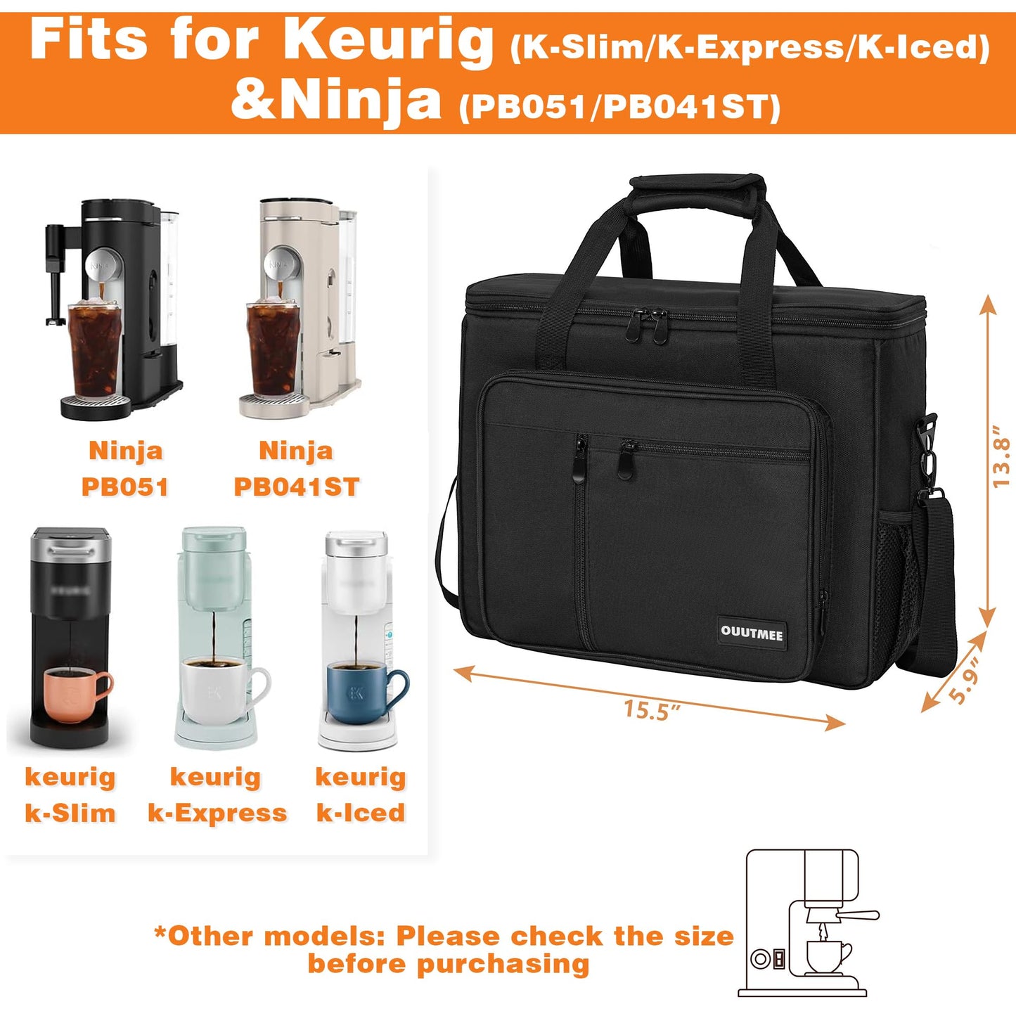 OUUTMEE Coffee Maker Carrying Bag Compatible with Keurig K-Slim/K-Express/K-Iced/Ninja PB051/PB041ST, Single Serve Coffee Brewer Portable Storage Bag with Extra Pockets, Storage Tote Case