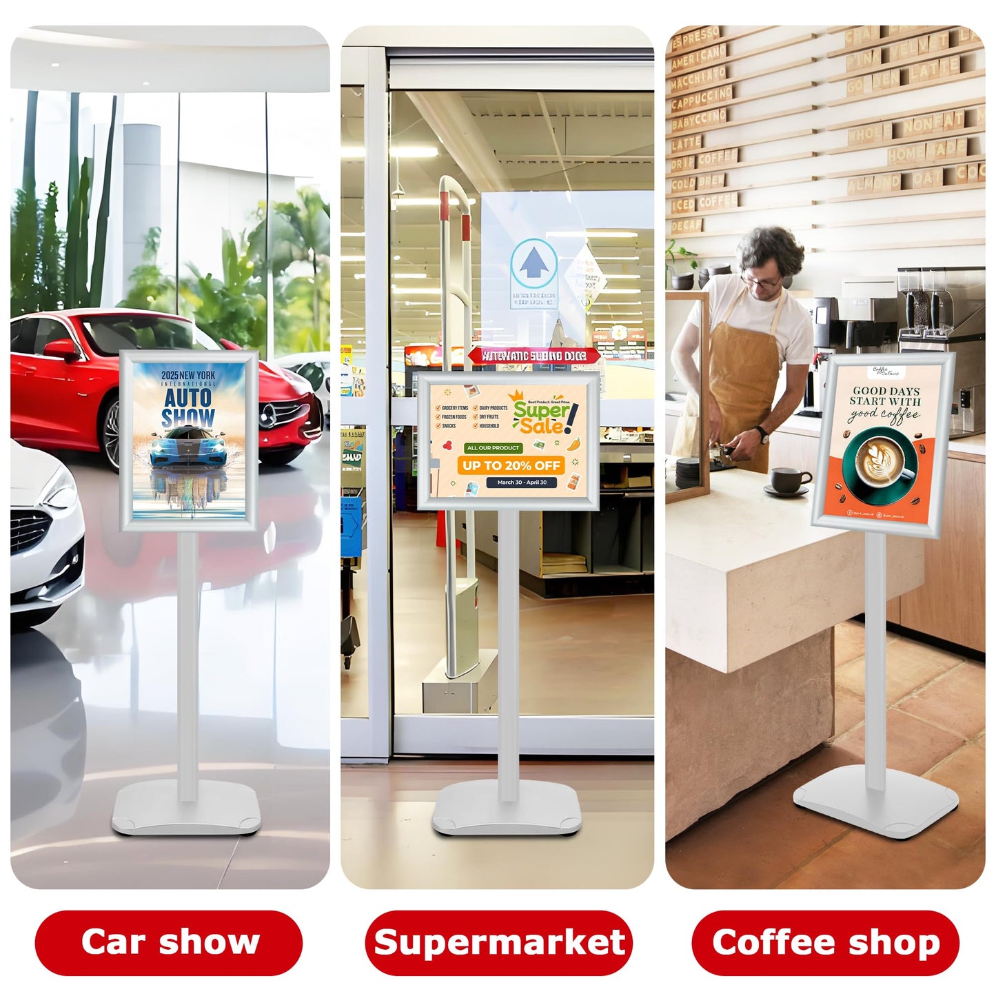 VAIIGO Heavy Duty Standing Sign Holder 8.5x11 Inch - Pedestal Floor Sign Stand with Weighted Base - Vertical & Horizontal View Poster/Menu Holder for Indoor/Outdoor Business Store Advertising, Silver