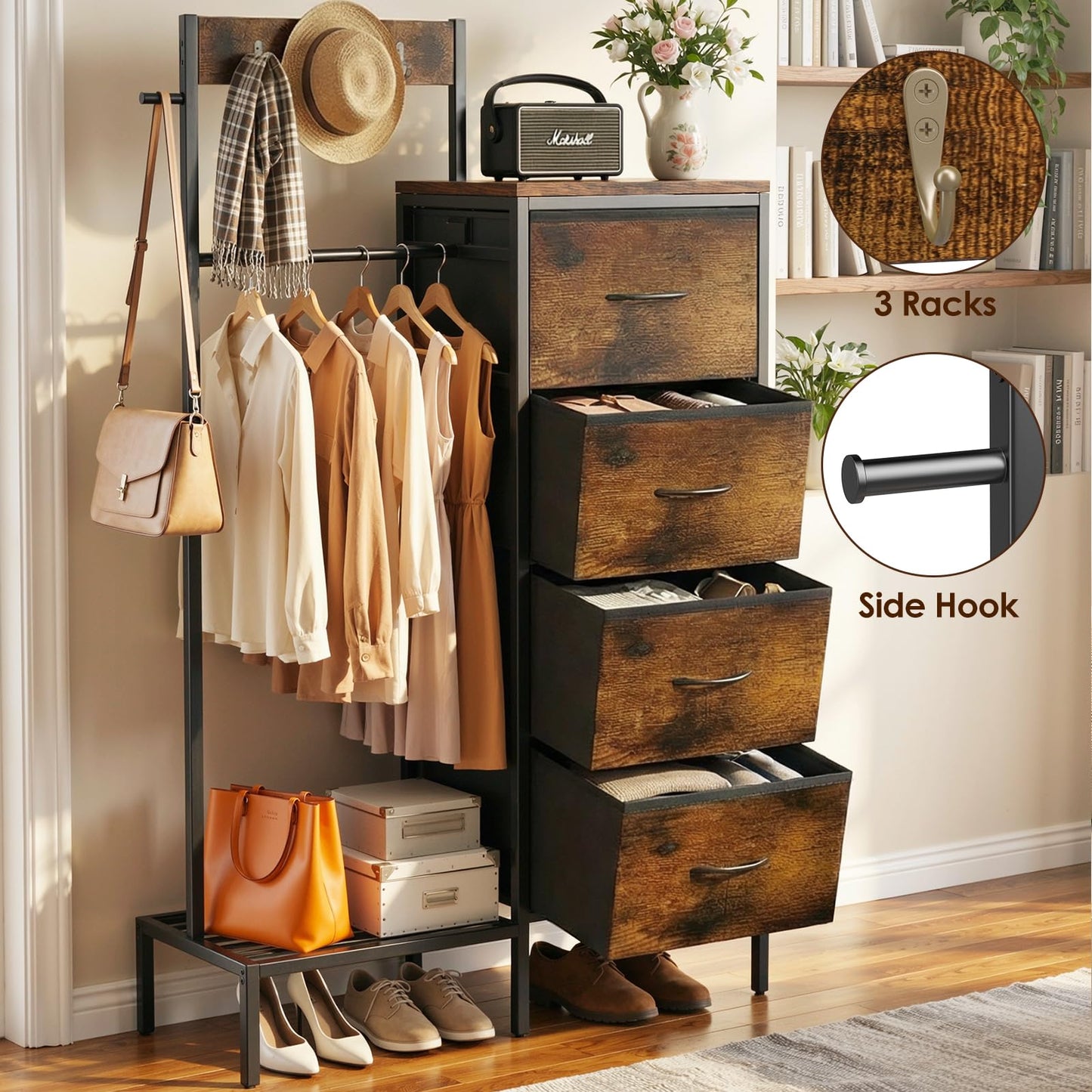 Lewondr Dresser with Hanging Rack and Storage Drawers, 4 Drawer Chest with Hooks and Hat Rack, Rustic Entryway Organizer for Accessories, Brown Wood Finish