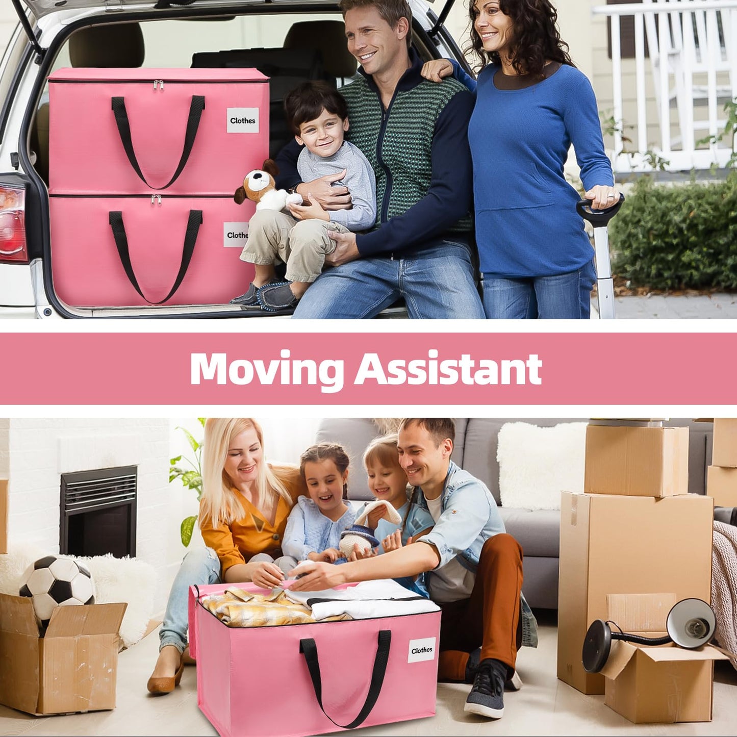 YEUEYS 6 Pack Extra Large Heavy Duty Moving Bags with Reinforced Zipper & Wide Carrying Handles, Durable Storage Totes for Clothes Packing, College Dorm, Travel & Home Organization, Pink