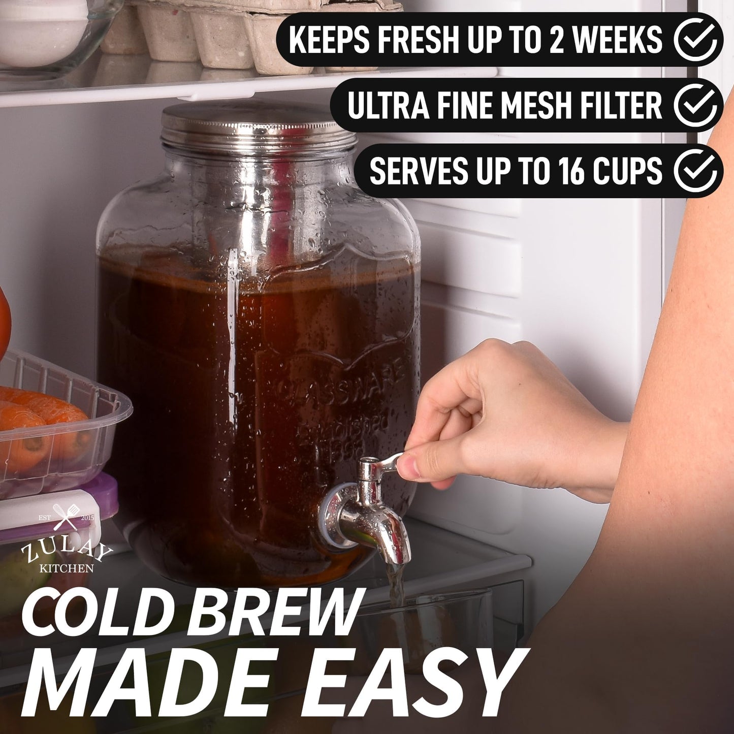 Zulay 1 Gallon/128oz Cold Brew Coffee Maker – Thick Glass Pitcher with Stainless Steel Filter, Lid & Spout – Large Mason Jar Container Dispenser - Iced Coffee & Sun Tea Brewer for Fridge – Silver
