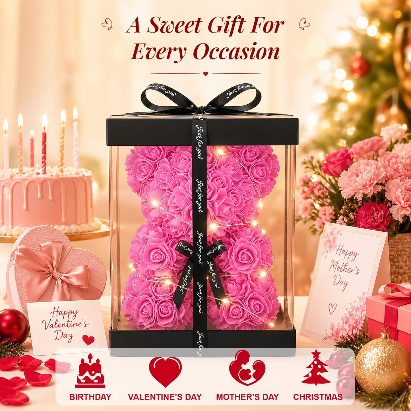 Otlonpe Preserved Artificial Roses Flowers Bear, Forever Women Gifts for Birthday Christmas Valentines Mothers Day, 9'' Pink Rose Flower Small Bear Lamp in Box, Gifts for Women Mom Grandma Daughter