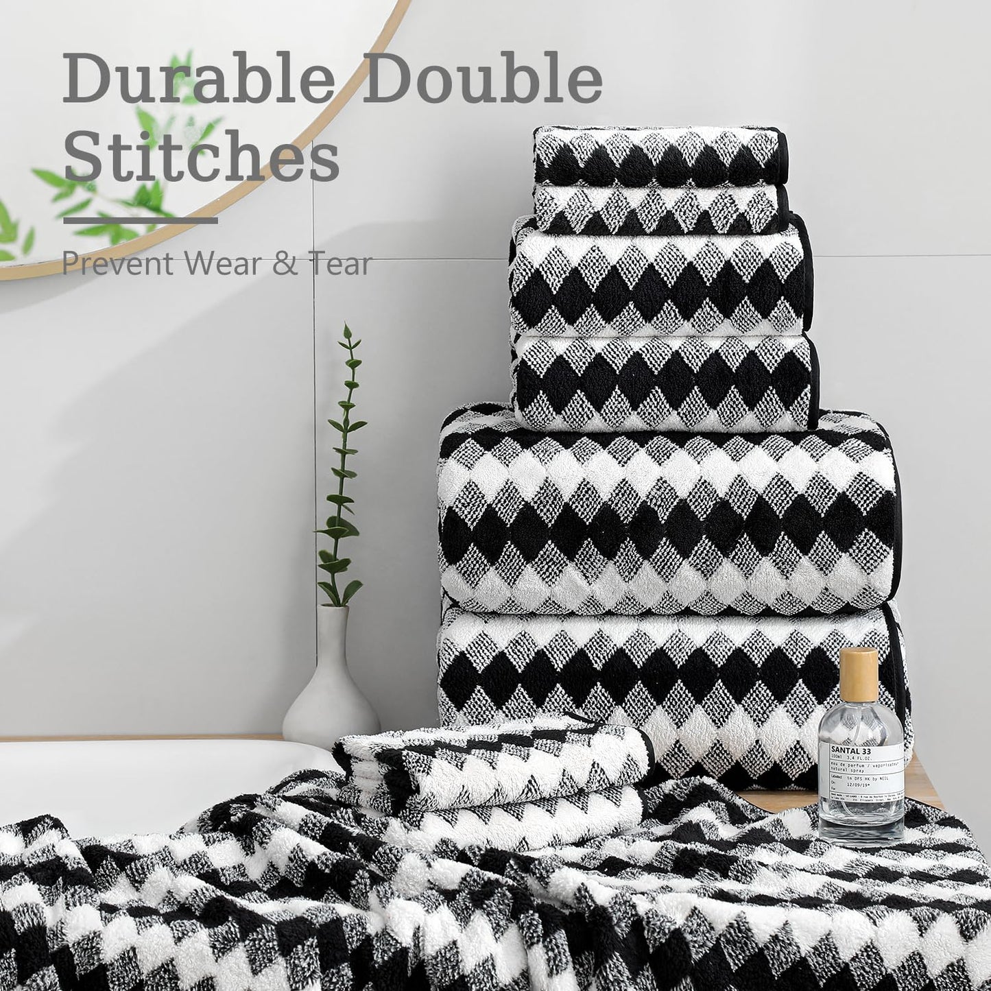 8 Piece Bathroom Towel Set Black White|2 Oversized Large Bath Towels Sheet,2 Hand Towels,4 Washcloths| 600GSM Soft Towel Set for Bathroom Hotel,Highly Absorbent Quick Dry Bath Towel Collections